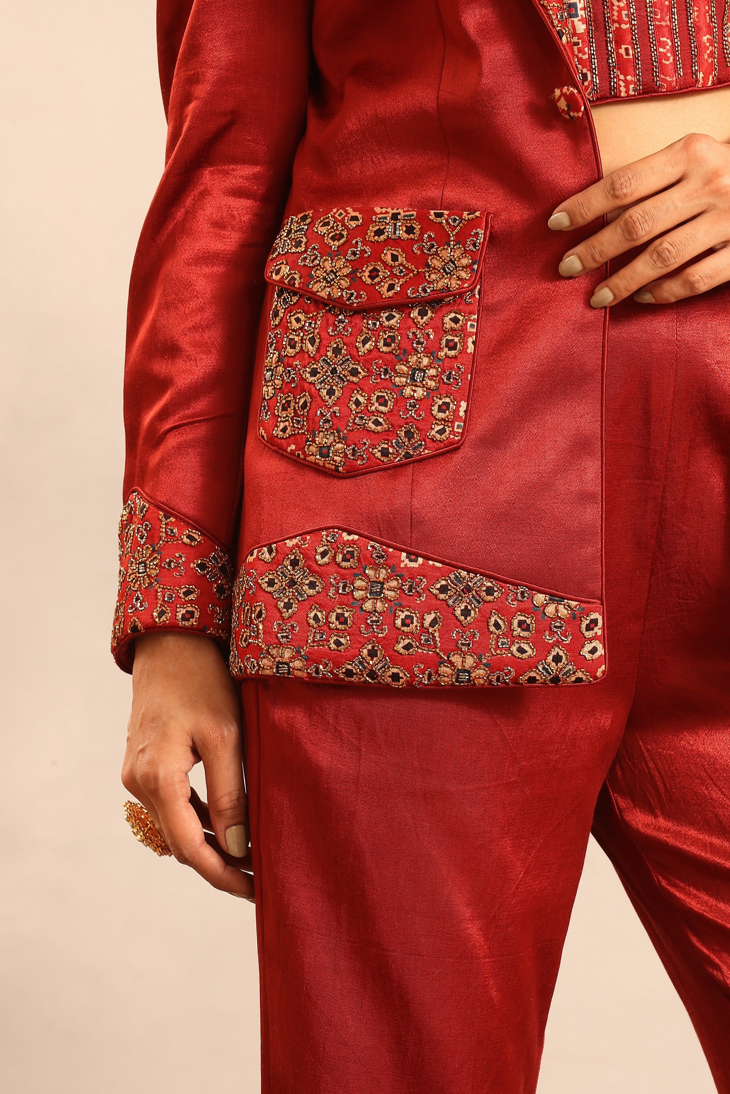 Maroon ajrakh embroidered stripwork blouse with embellished blazer and pants