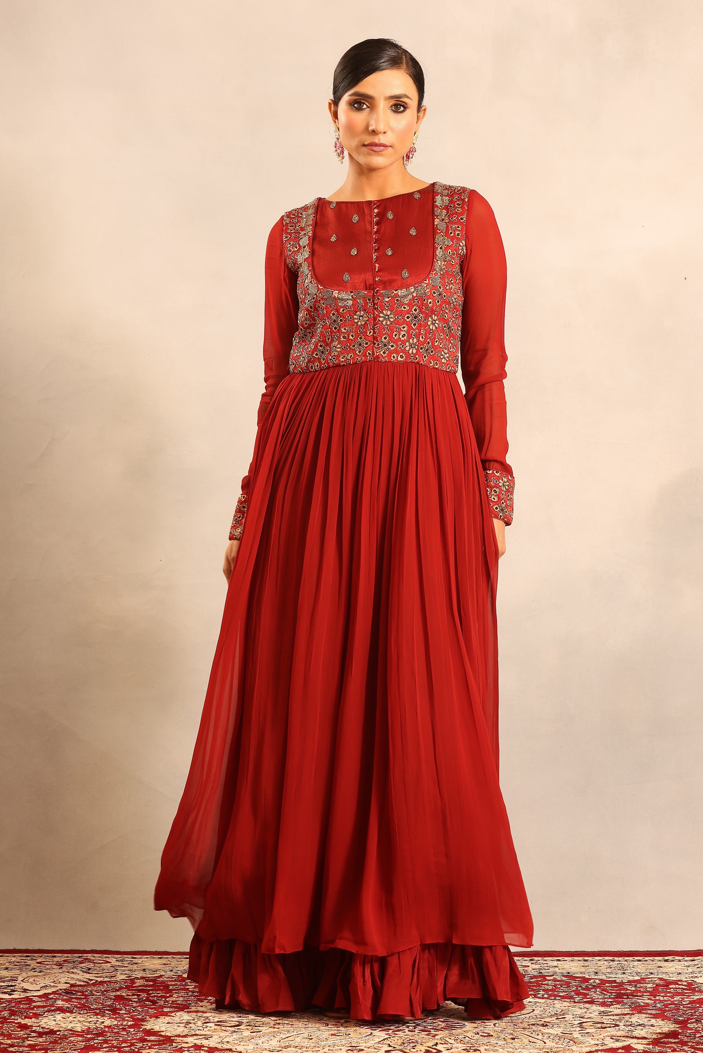 Maroon ajrakh embellished full sleeve gathered dress
