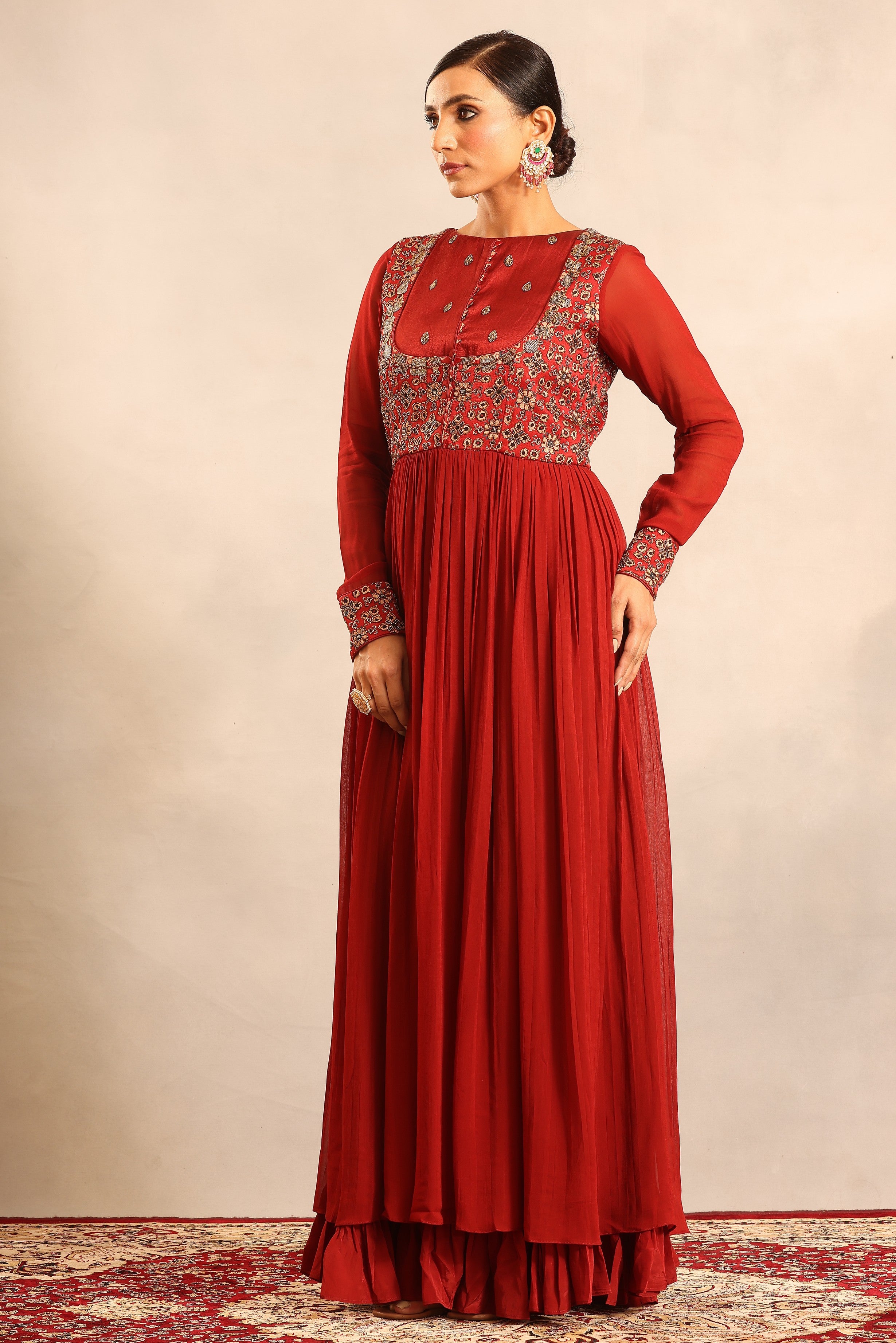 Maroon ajrakh embellished full sleeve gathered dress