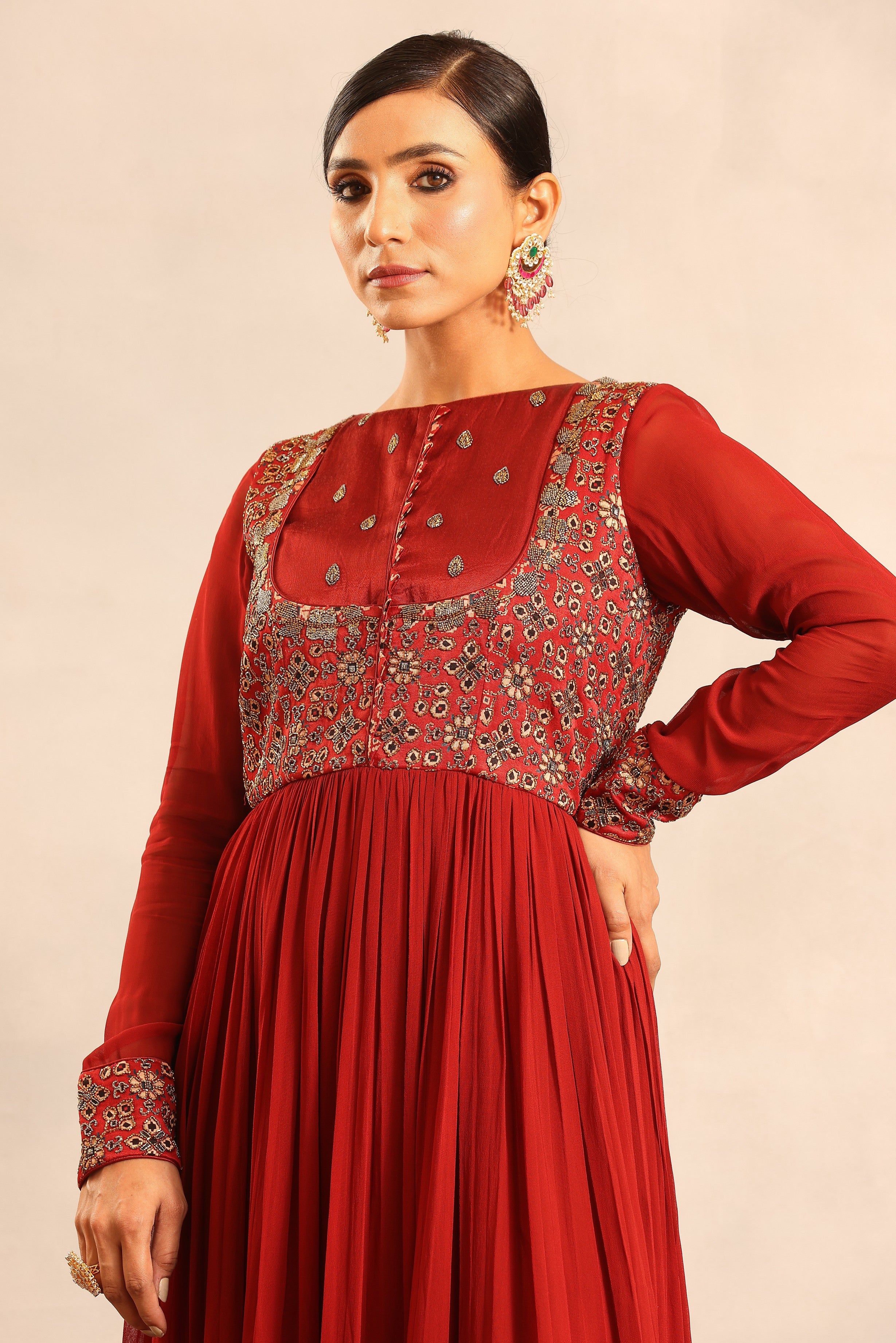 Maroon ajrakh embellished full sleeve gathered dress