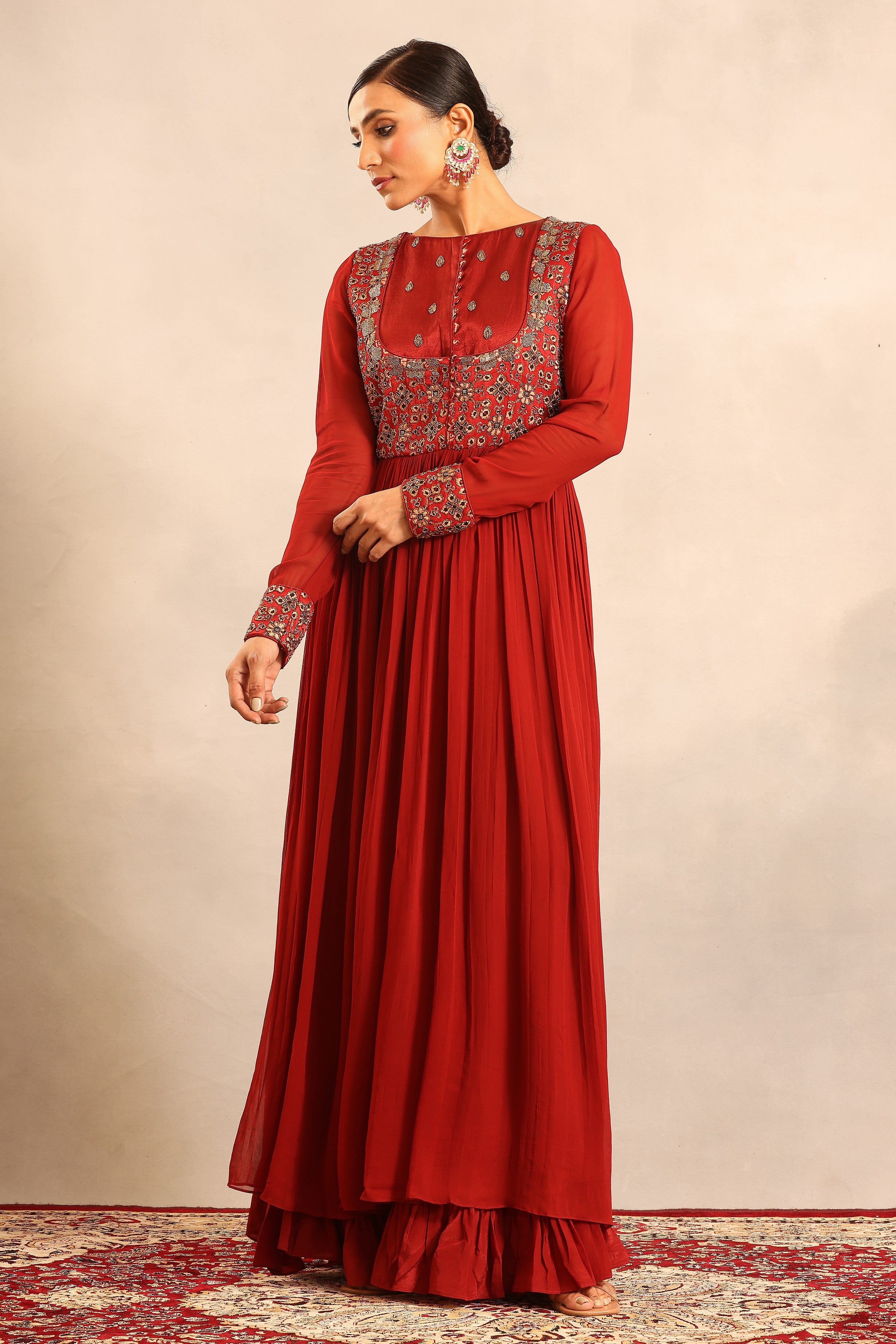 Maroon ajrakh embellished full sleeve gathered dress