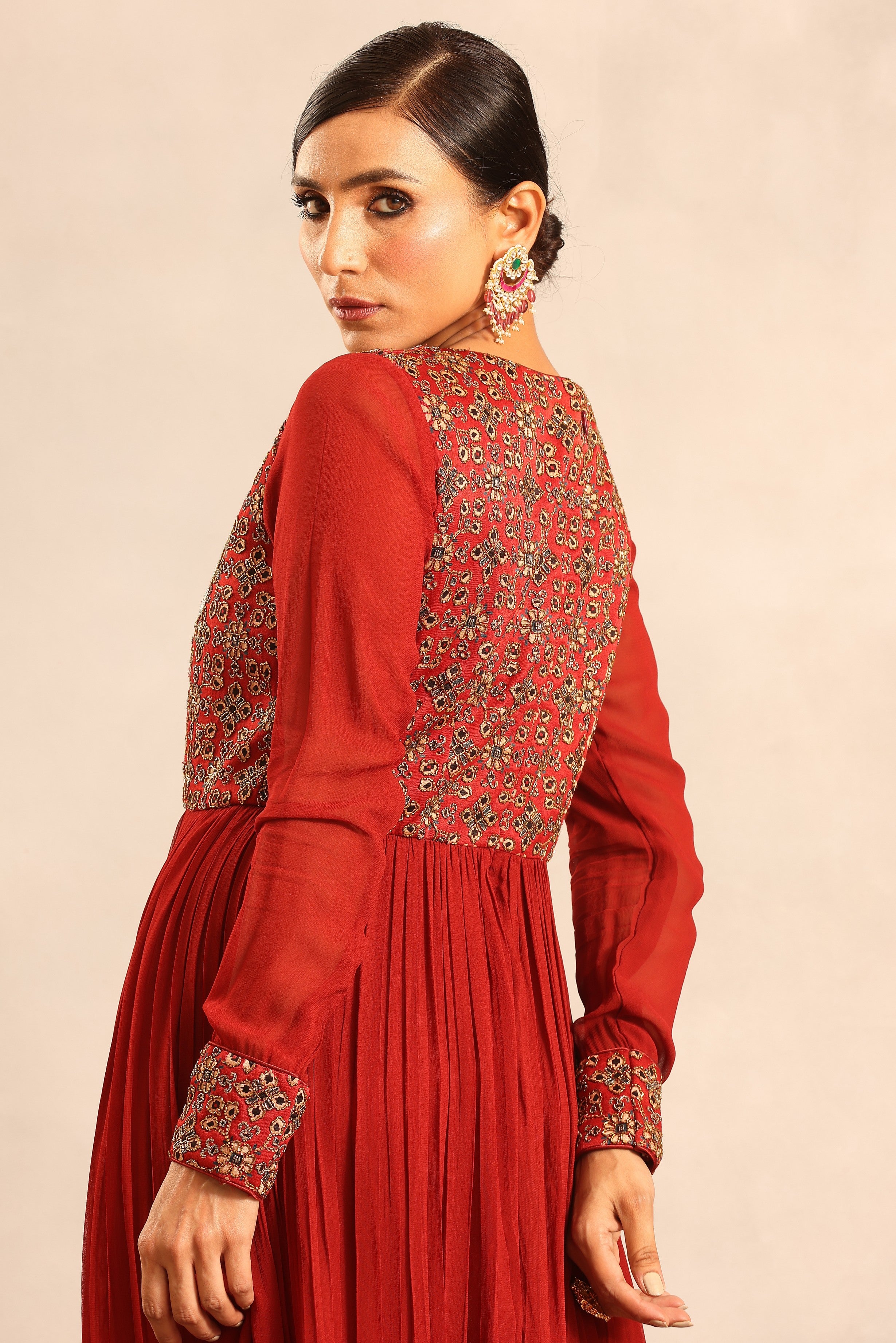 Maroon ajrakh embellished full sleeve gathered dress