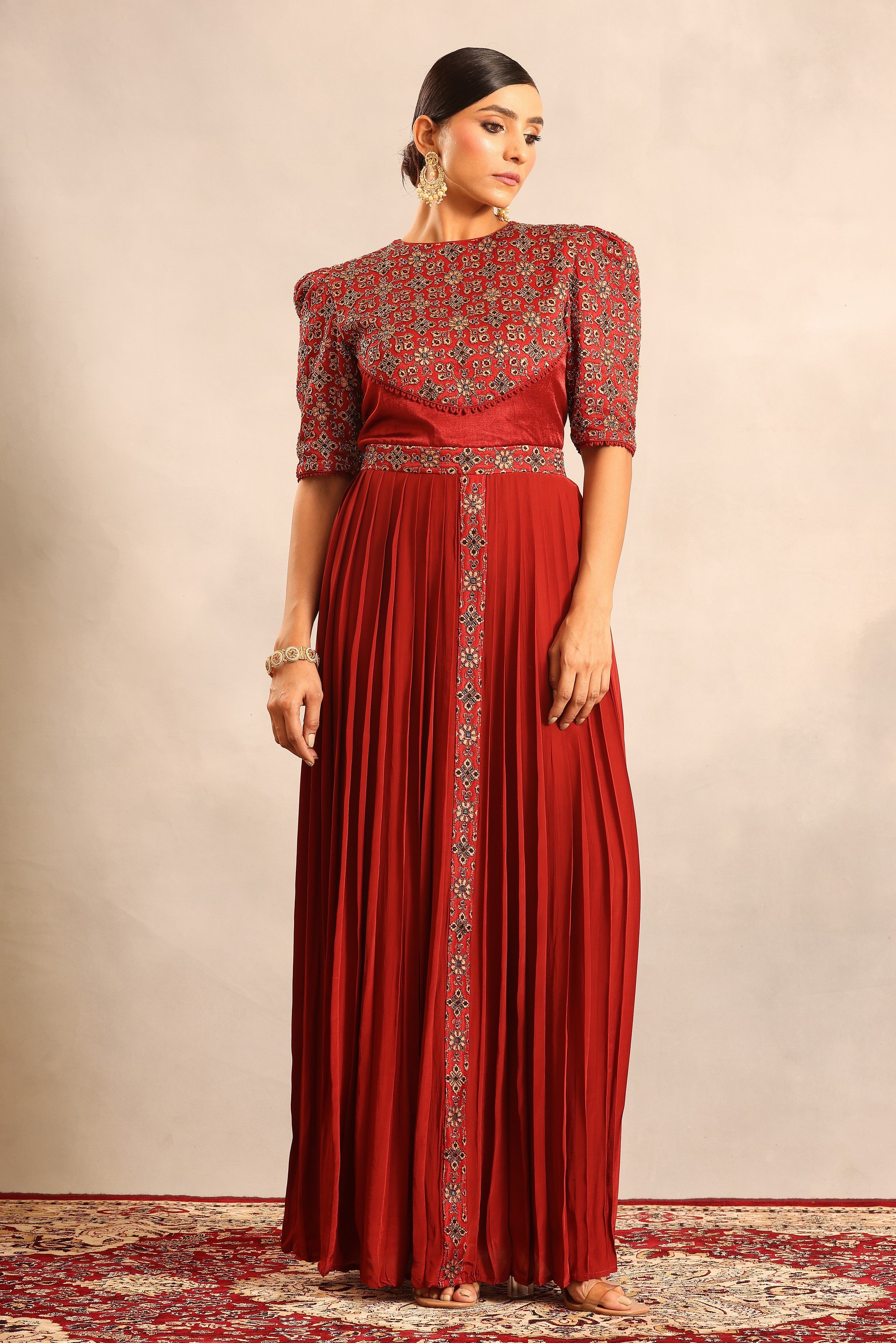 Maroon ajrakh embellished yoke gathered dress