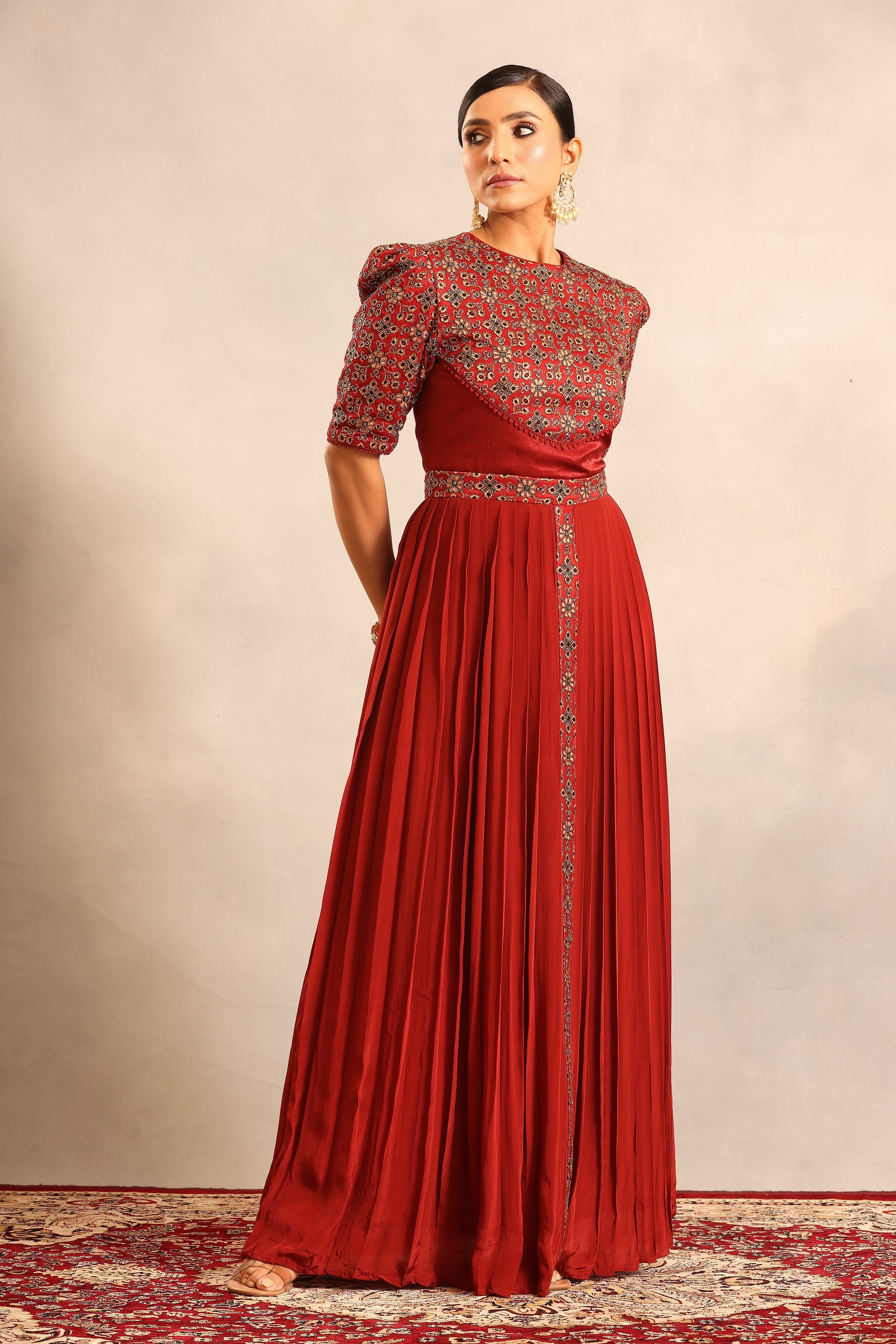 Maroon ajrakh embellished yoke gathered dress