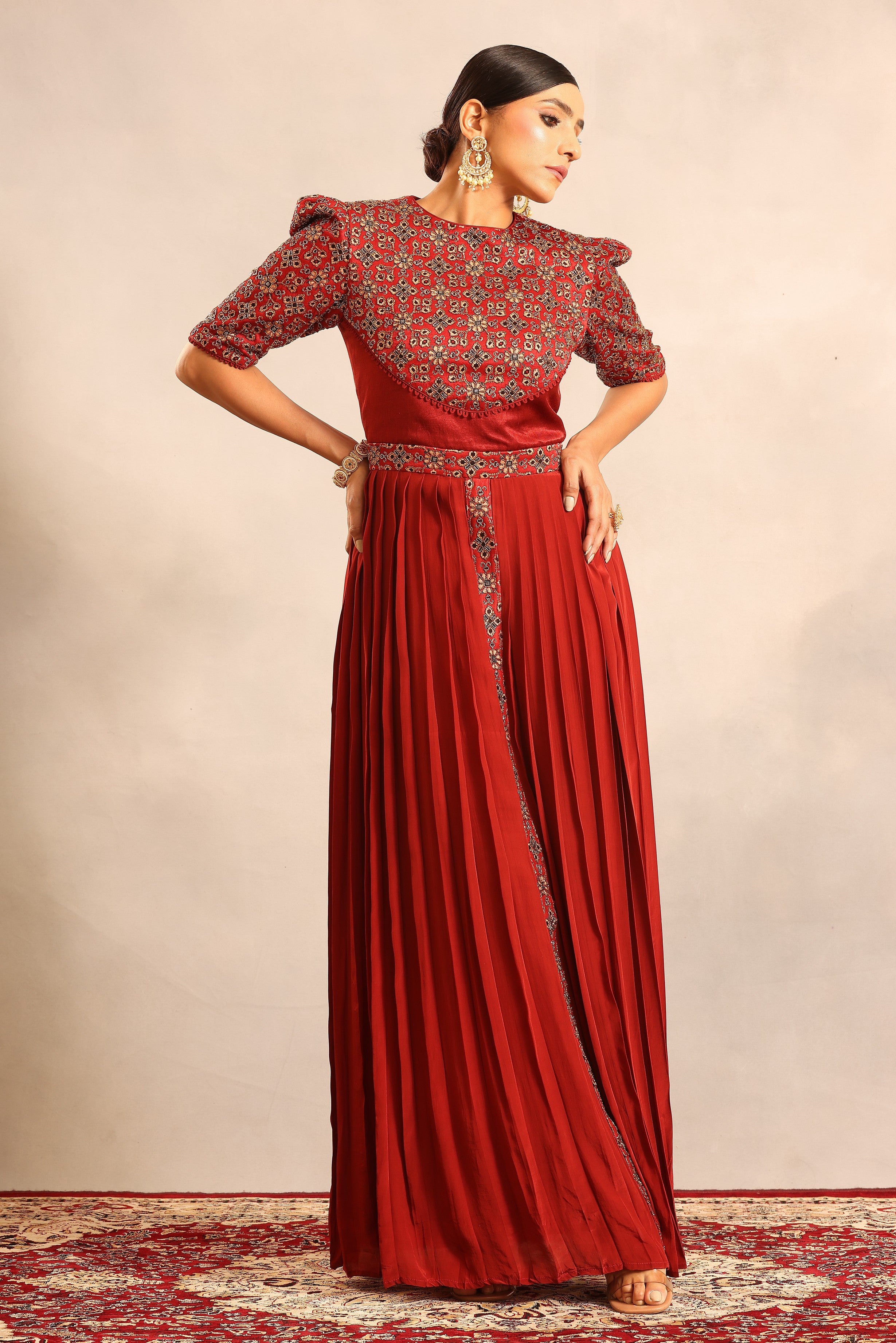 Maroon ajrakh embellished yoke gathered dress