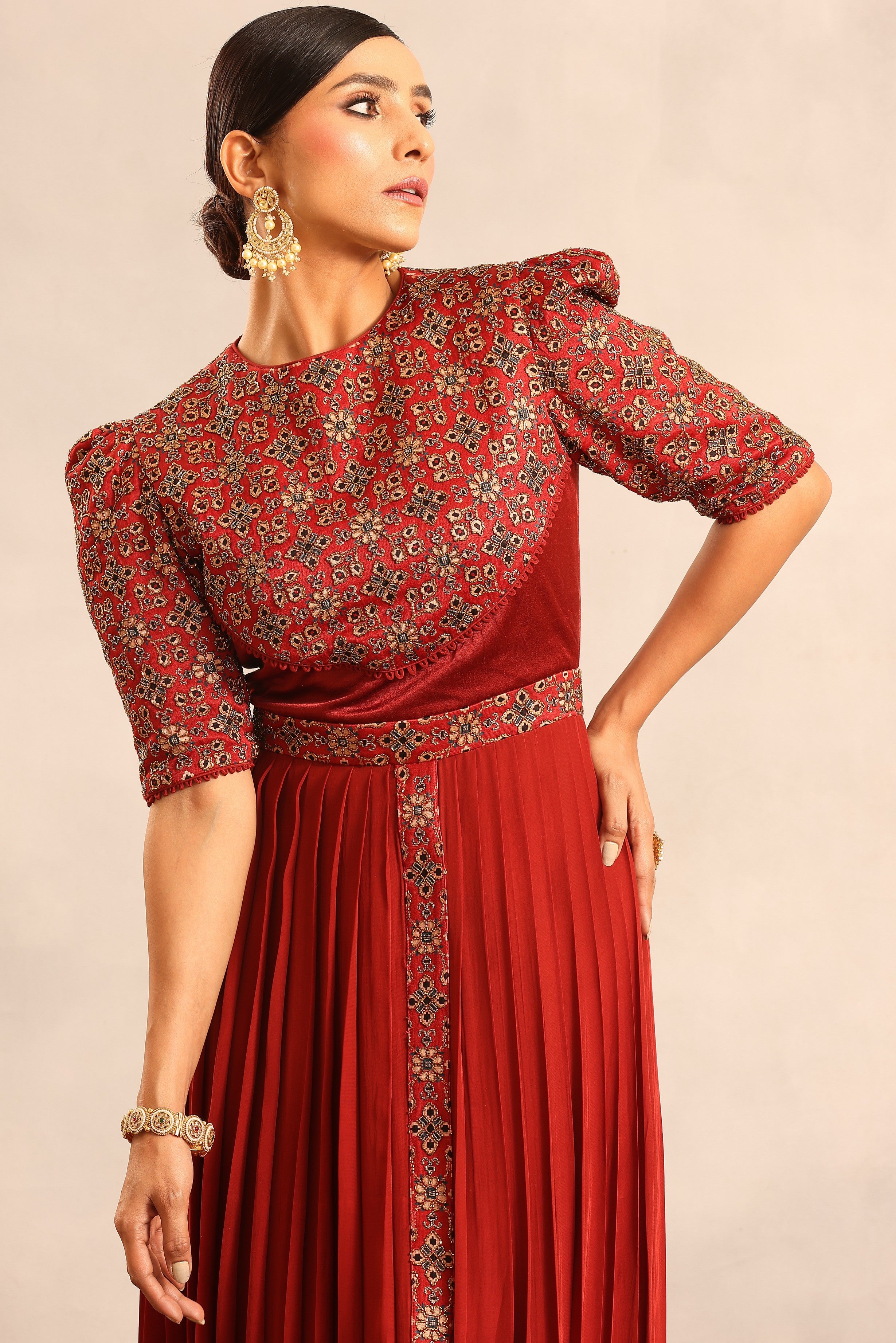 Maroon ajrakh embellished yoke gathered dress