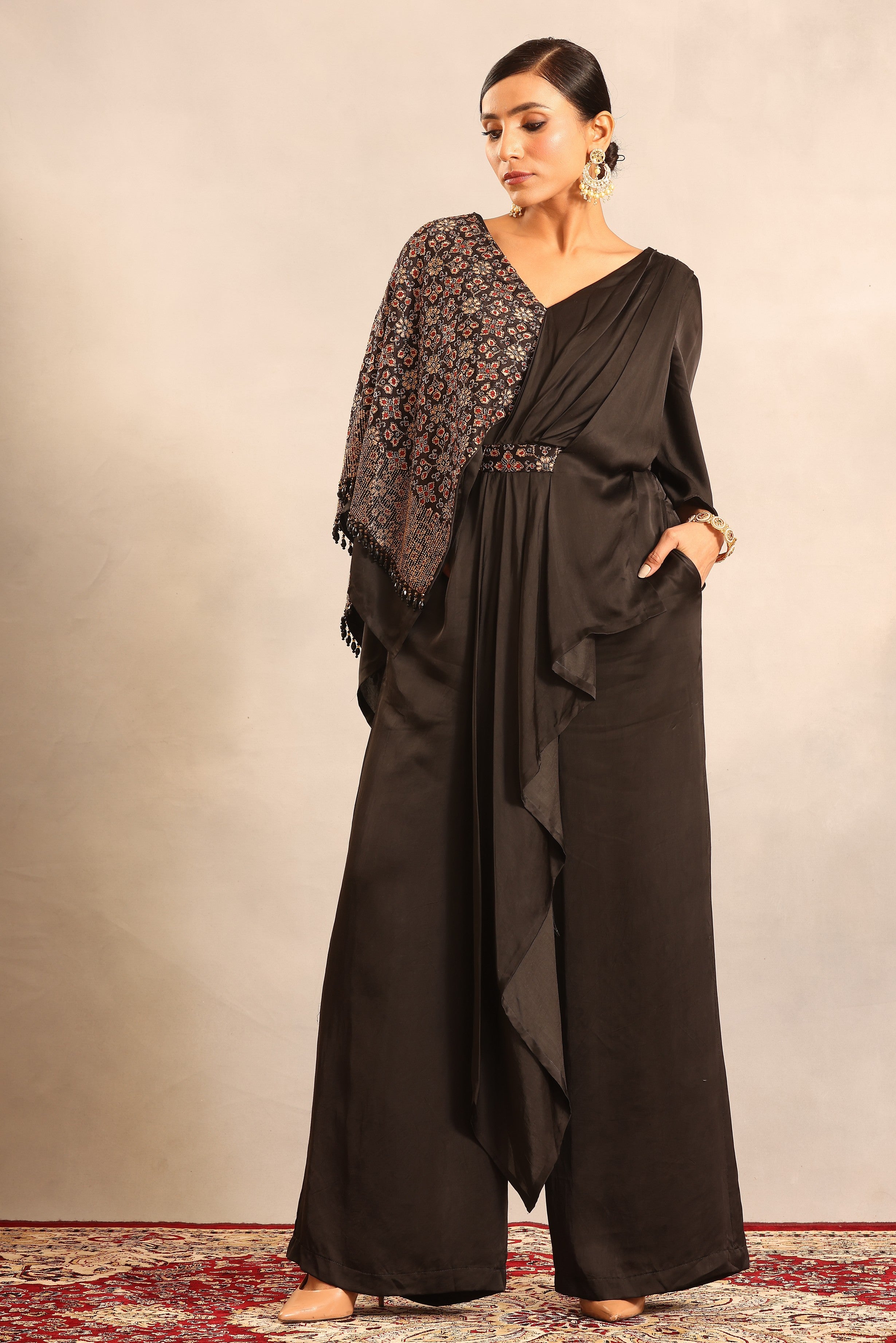 Black ajrakh embellished one flap jumpsuit