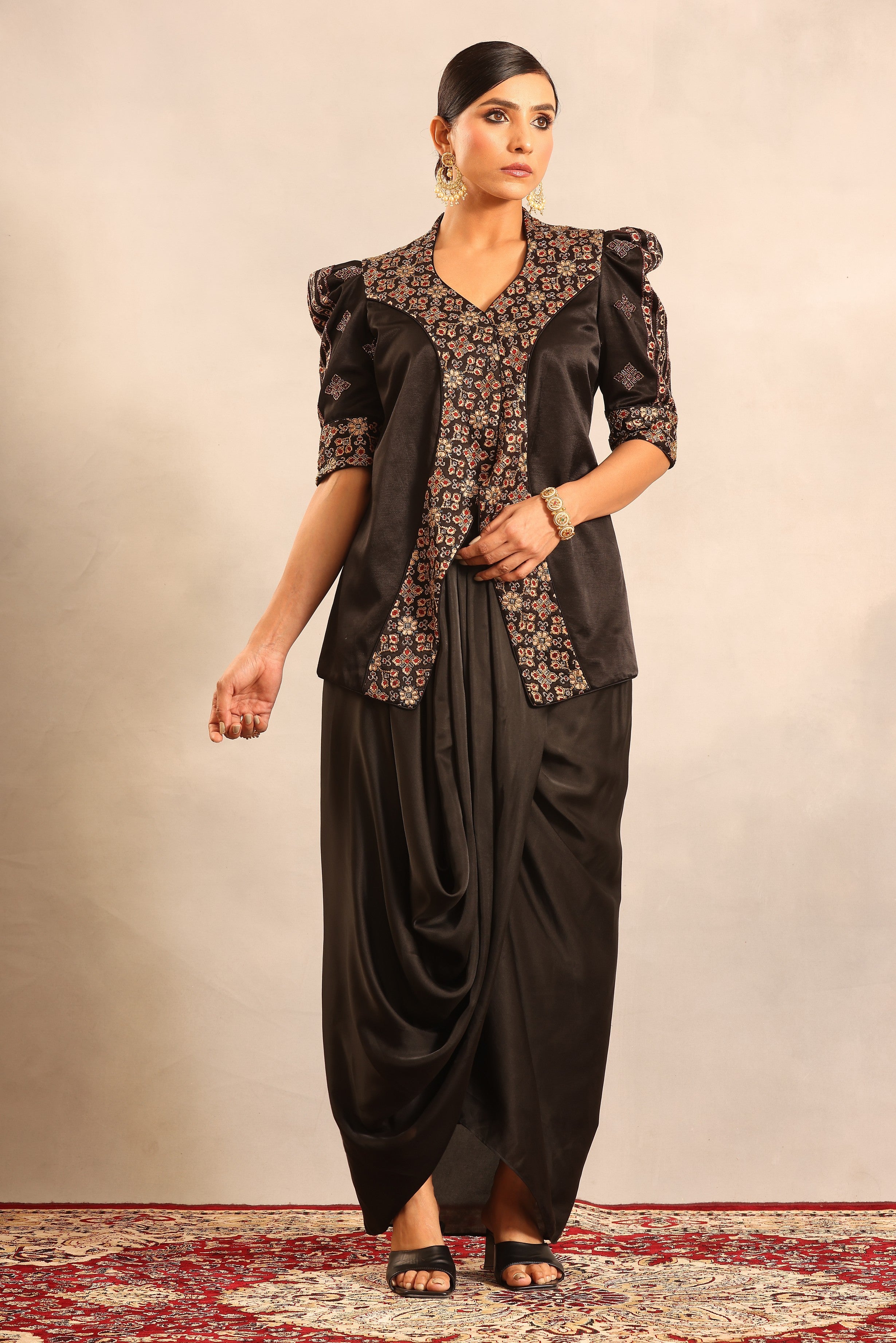 Black ajrakh embroidered jacket with drape skirt