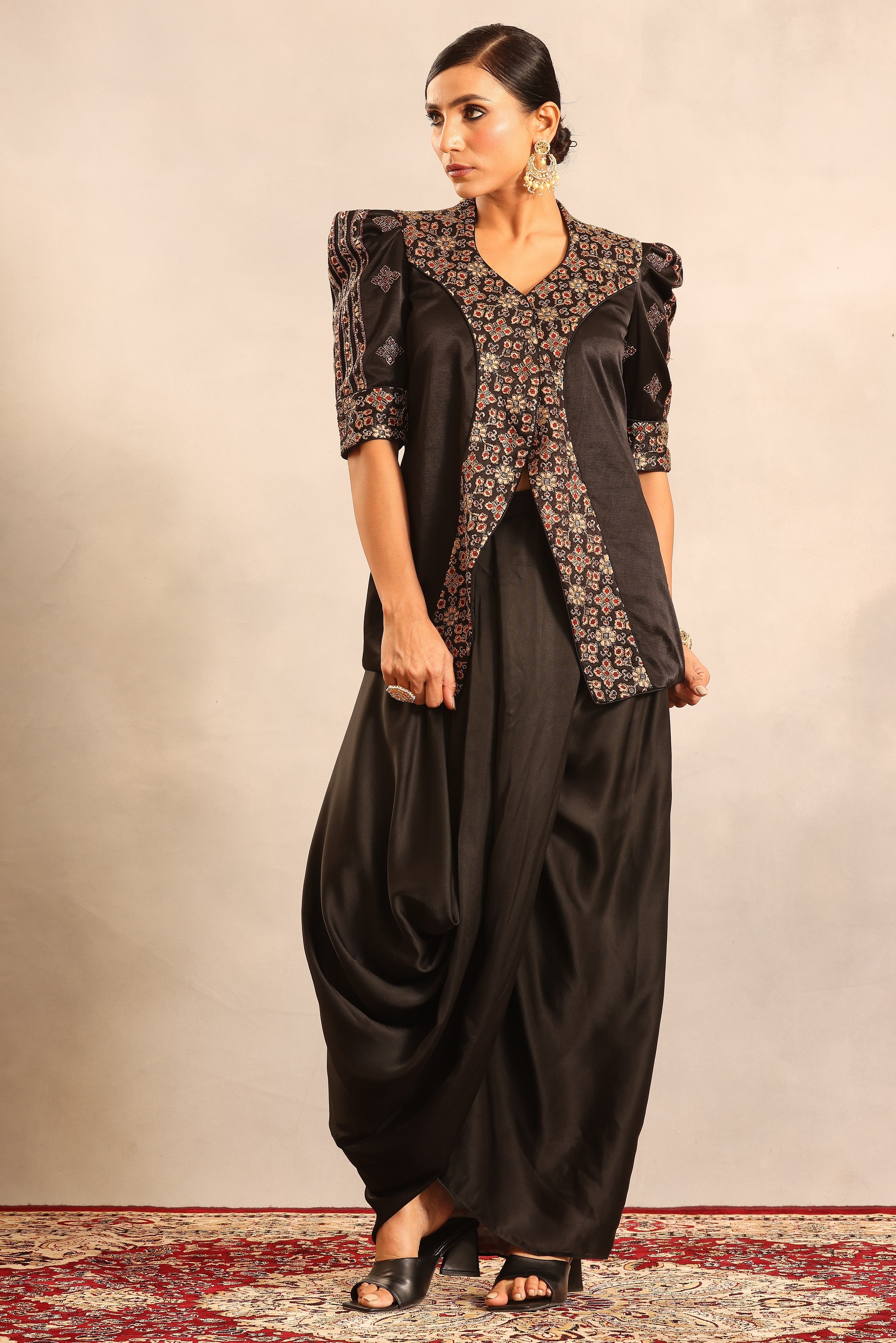 Black ajrakh embroidered jacket with drape skirt