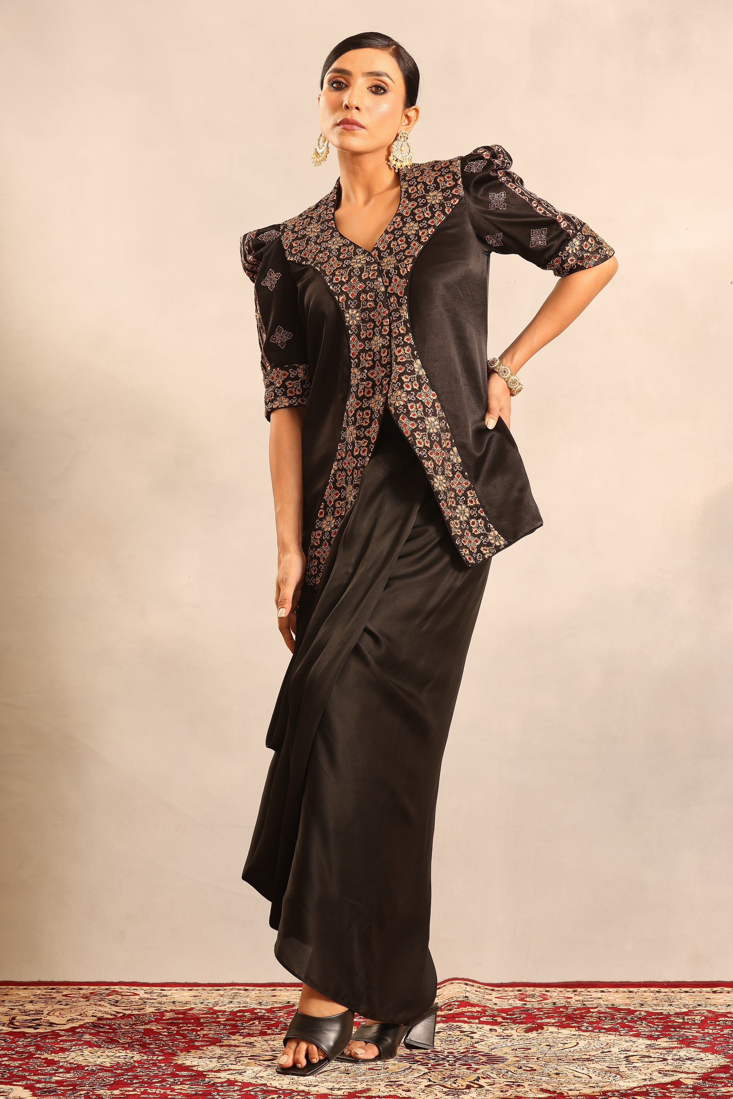 Black ajrakh embroidered jacket with drape skirt