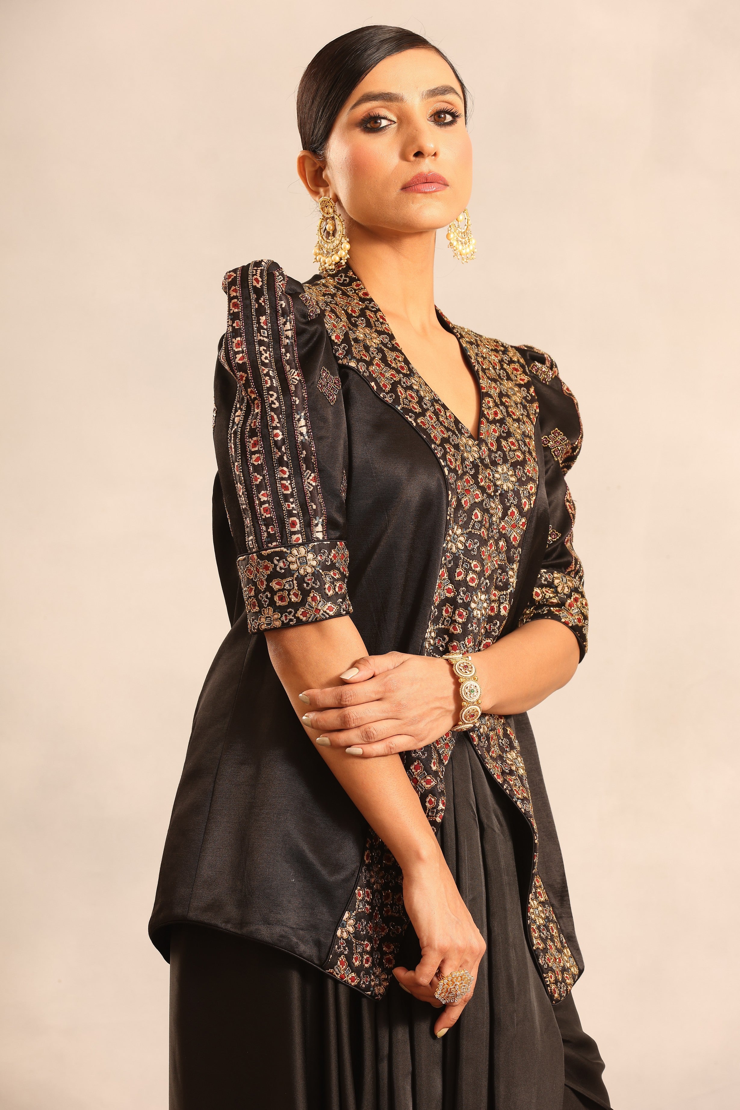 Black ajrakh embroidered jacket with drape skirt