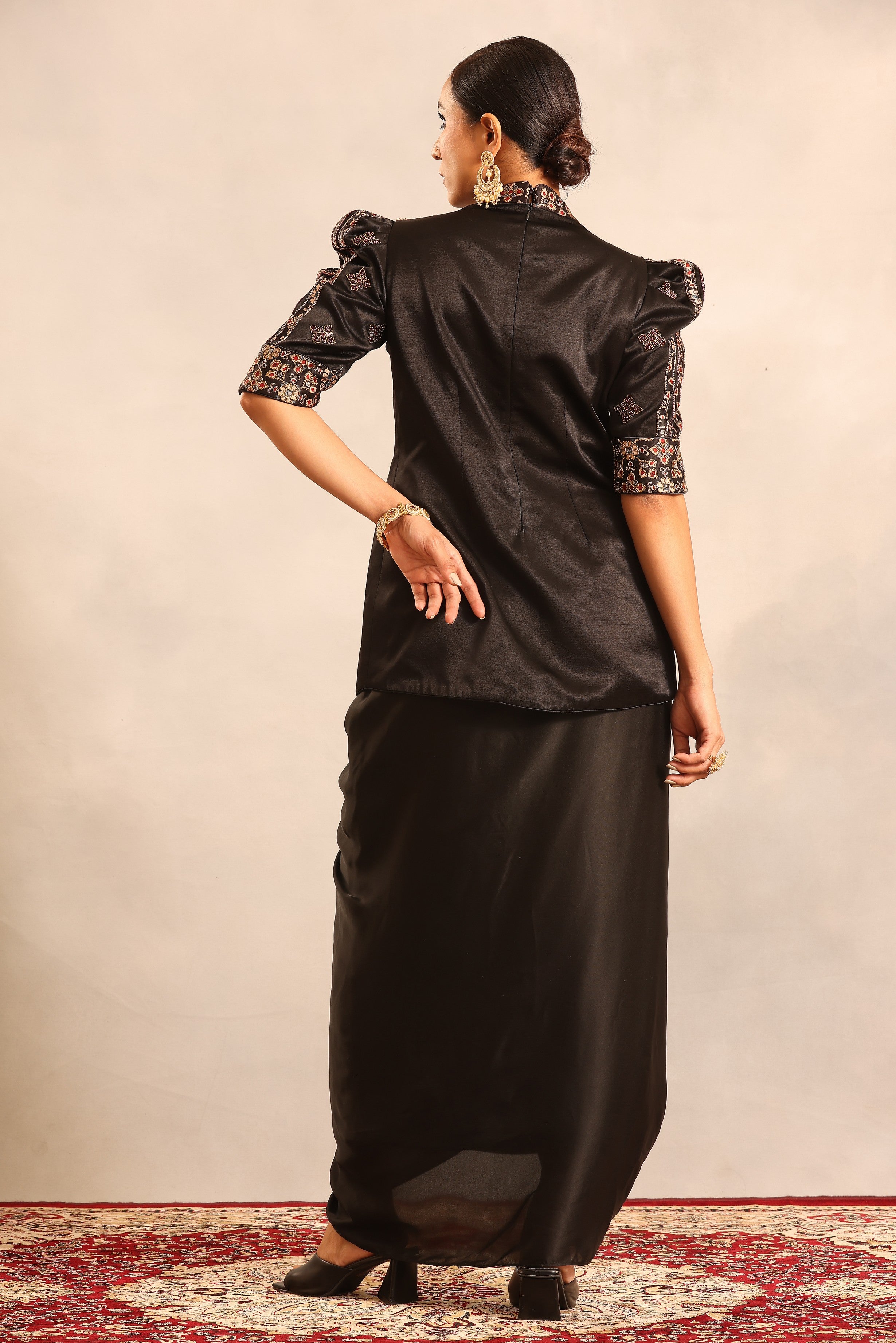 Black ajrakh embroidered jacket with drape skirt