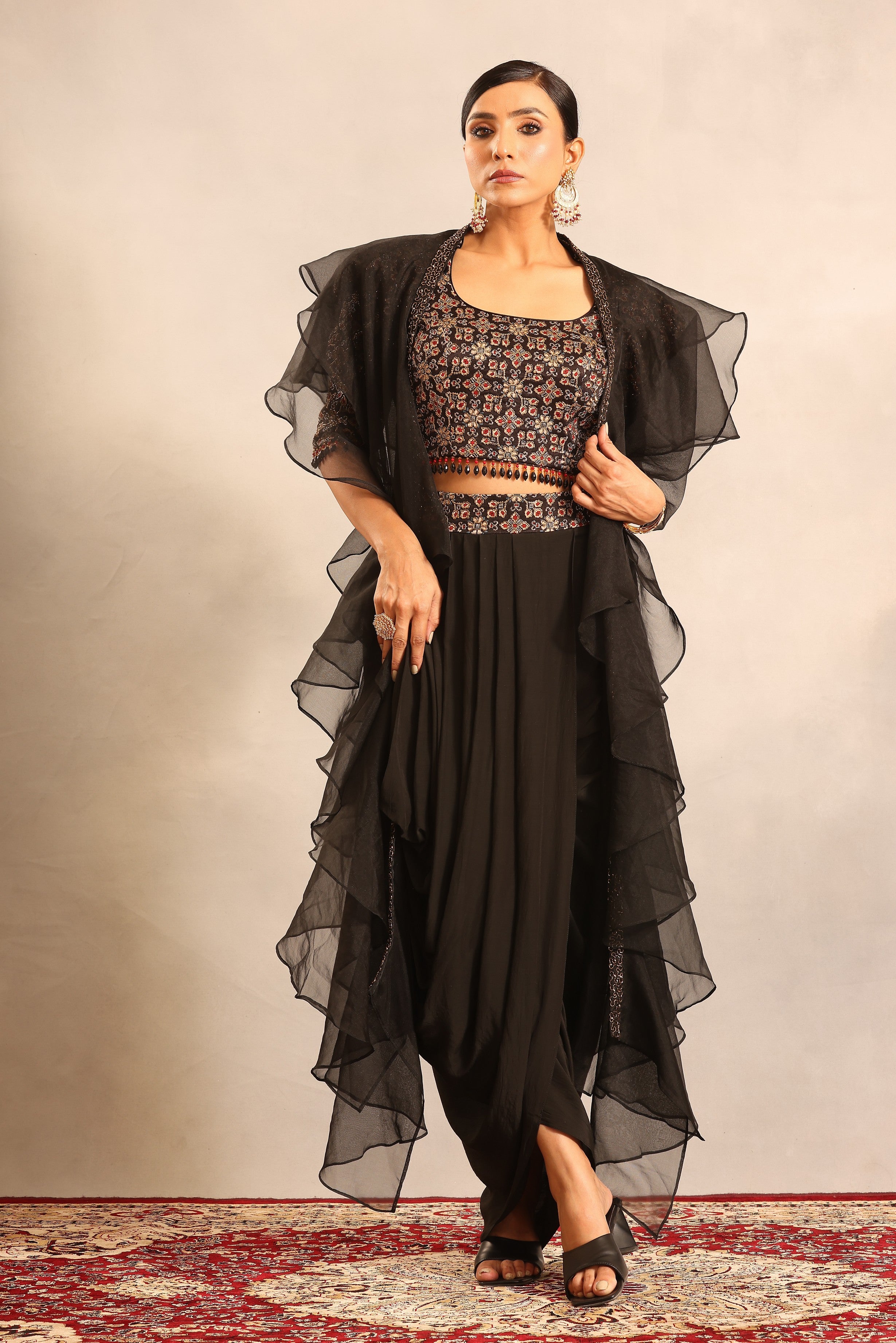 Black ajrakh embellished blouse with drape skirt and ruffle dupatta