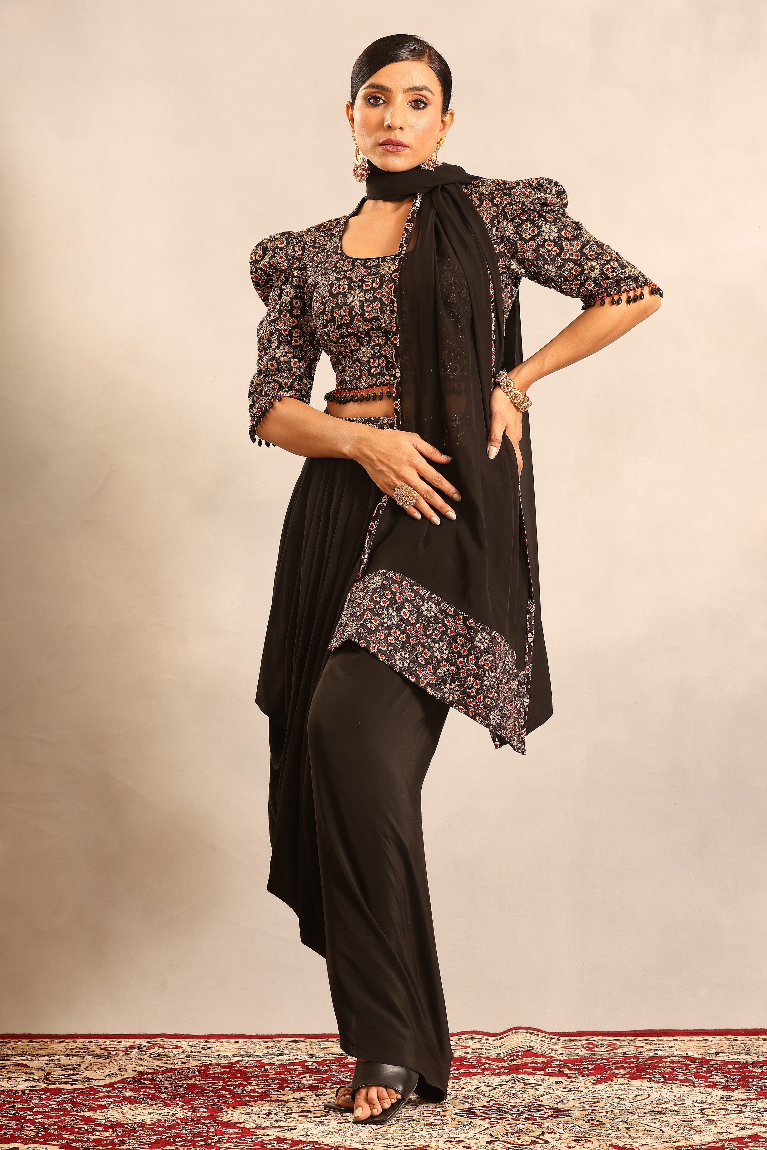 Black embellishsed ajrakh blouse with dhoti and stole dupatta