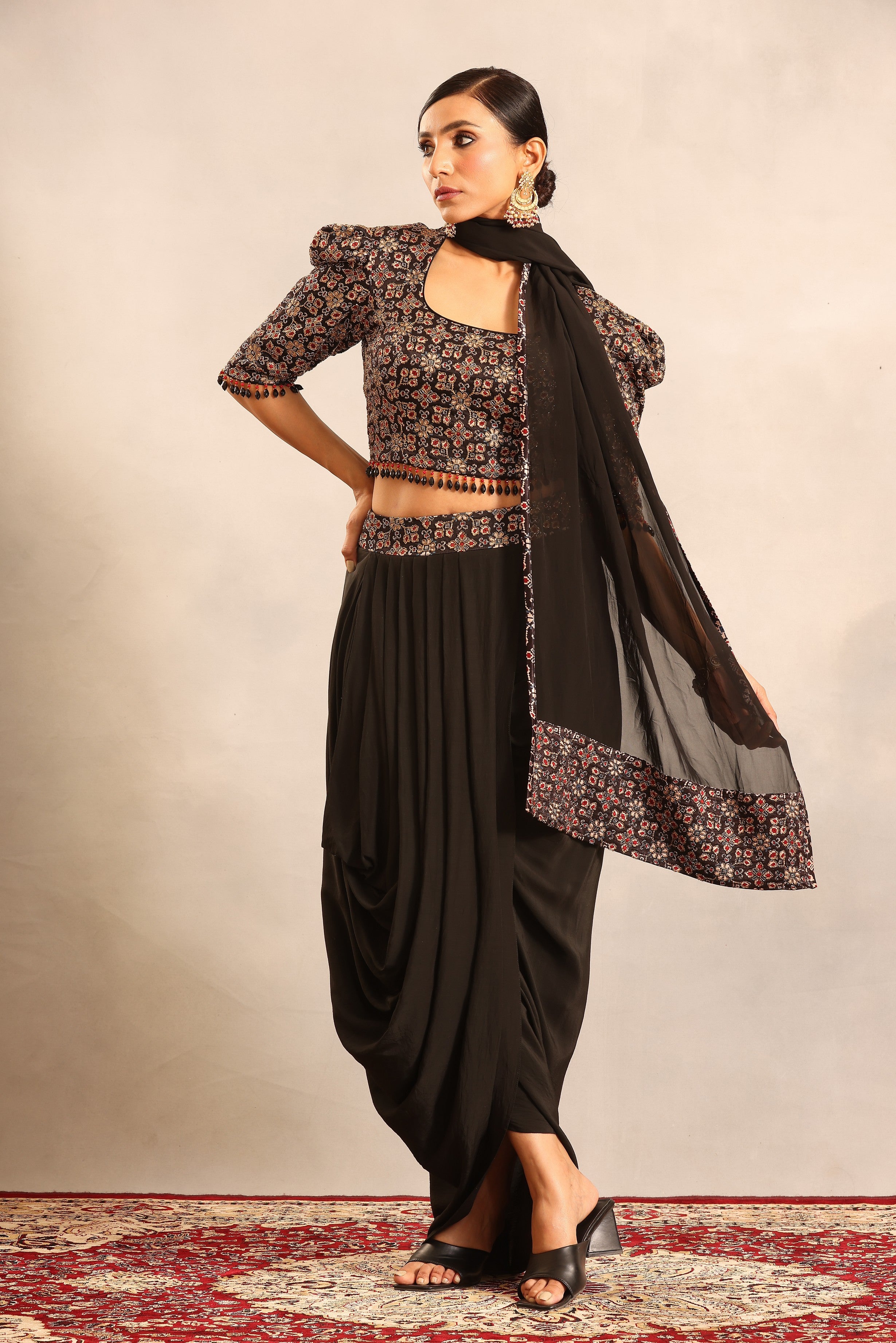 Black embellishsed ajrakh blouse with dhoti and stole dupatta