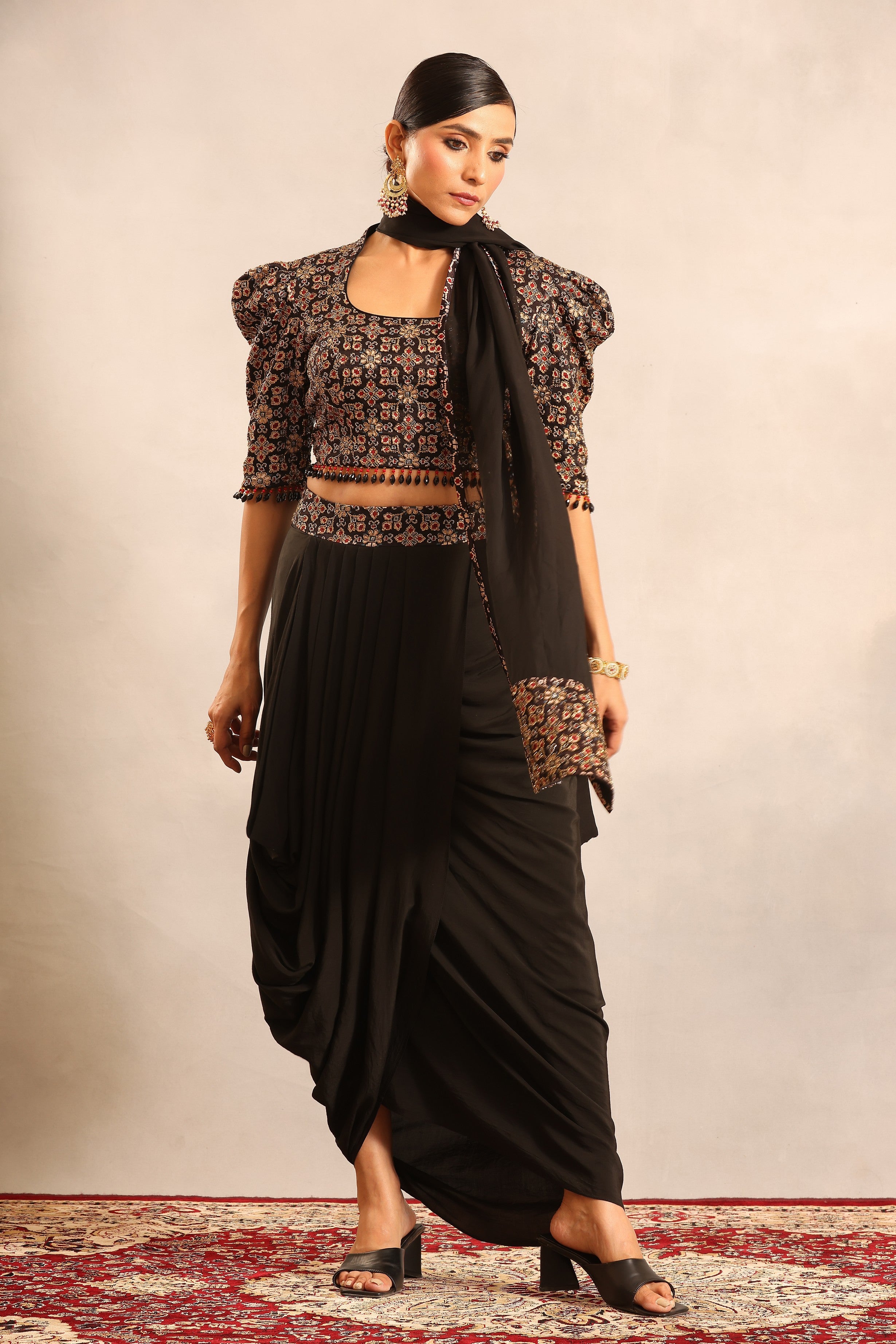 Black embellishsed ajrakh blouse with dhoti and stole dupatta