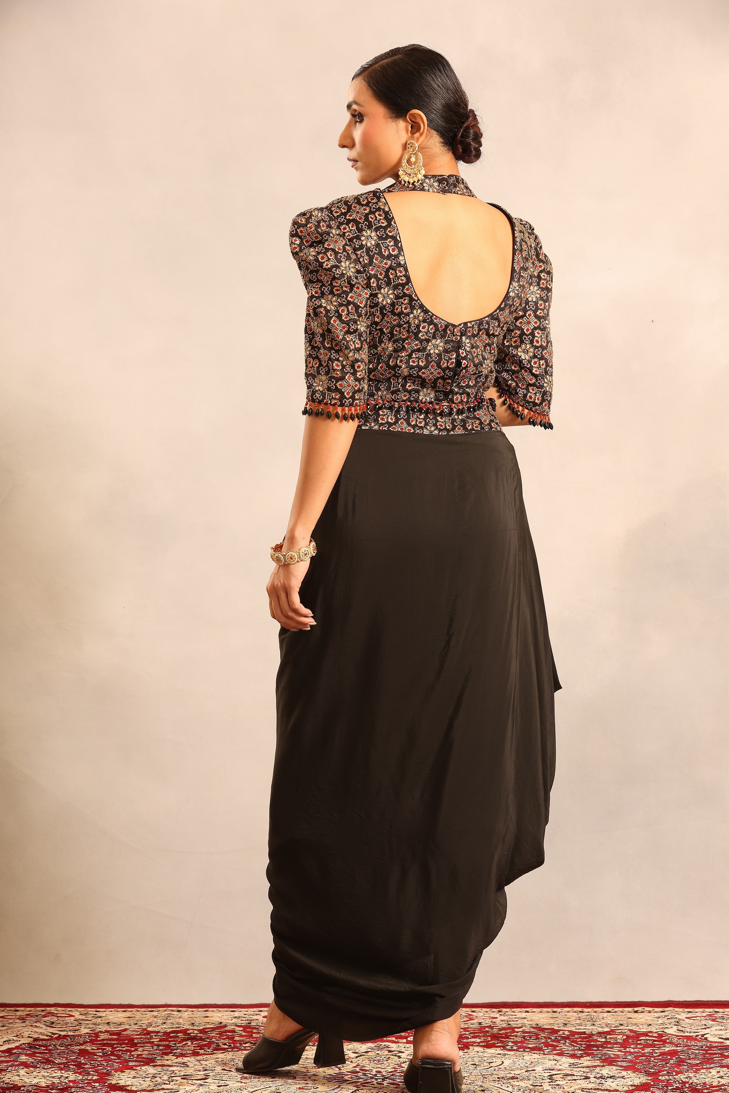 Black embellishsed ajrakh blouse with dhoti and stole dupatta