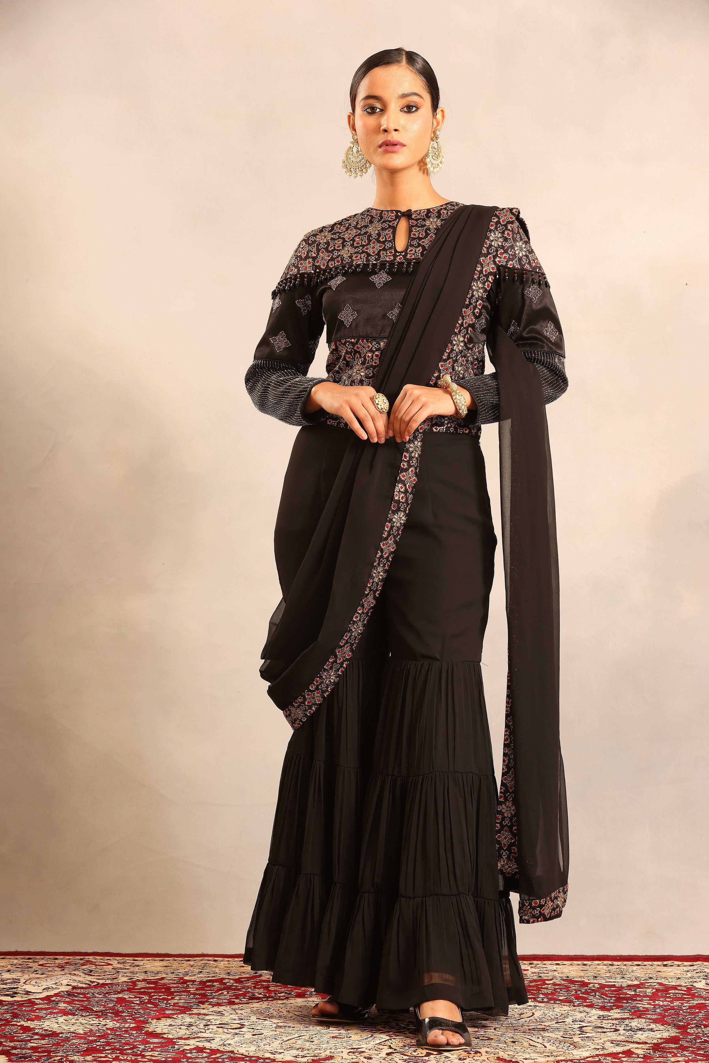 black ajrakh embellished ajrakh blouse with sharara and attched dupatta
