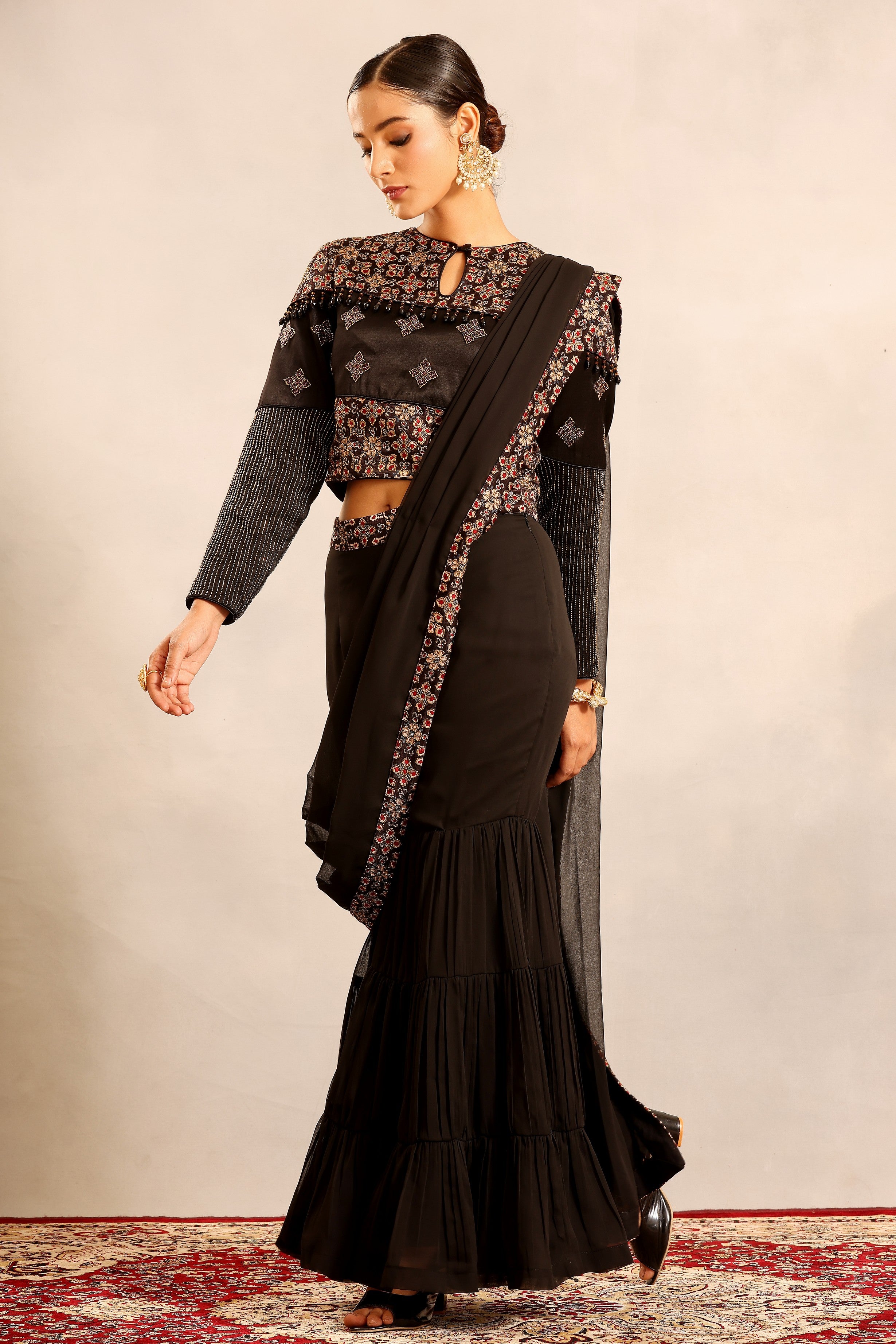 black ajrakh embellished ajrakh blouse with sharara and attched dupatta