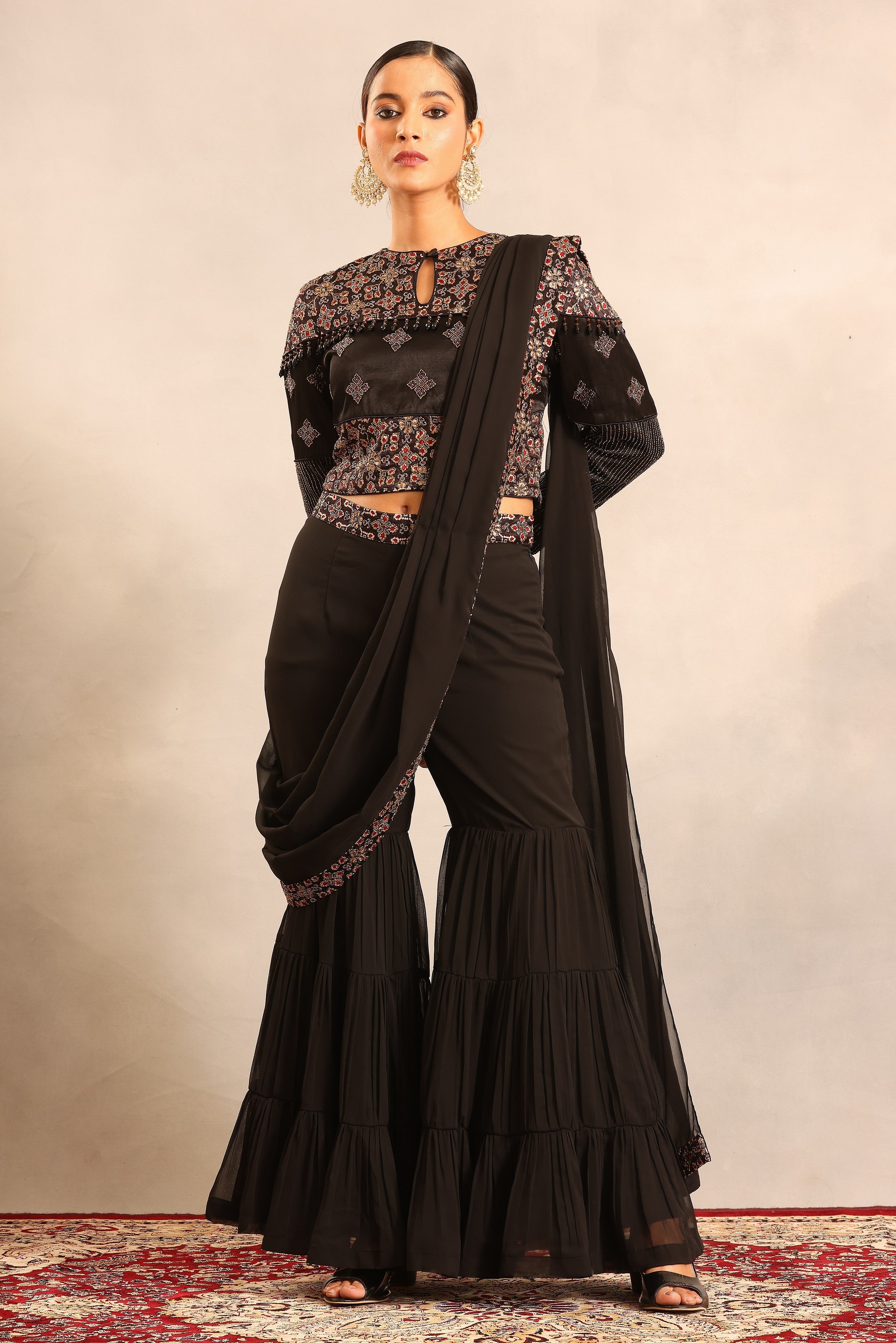 black ajrakh embellished ajrakh blouse with sharara and attched dupatta