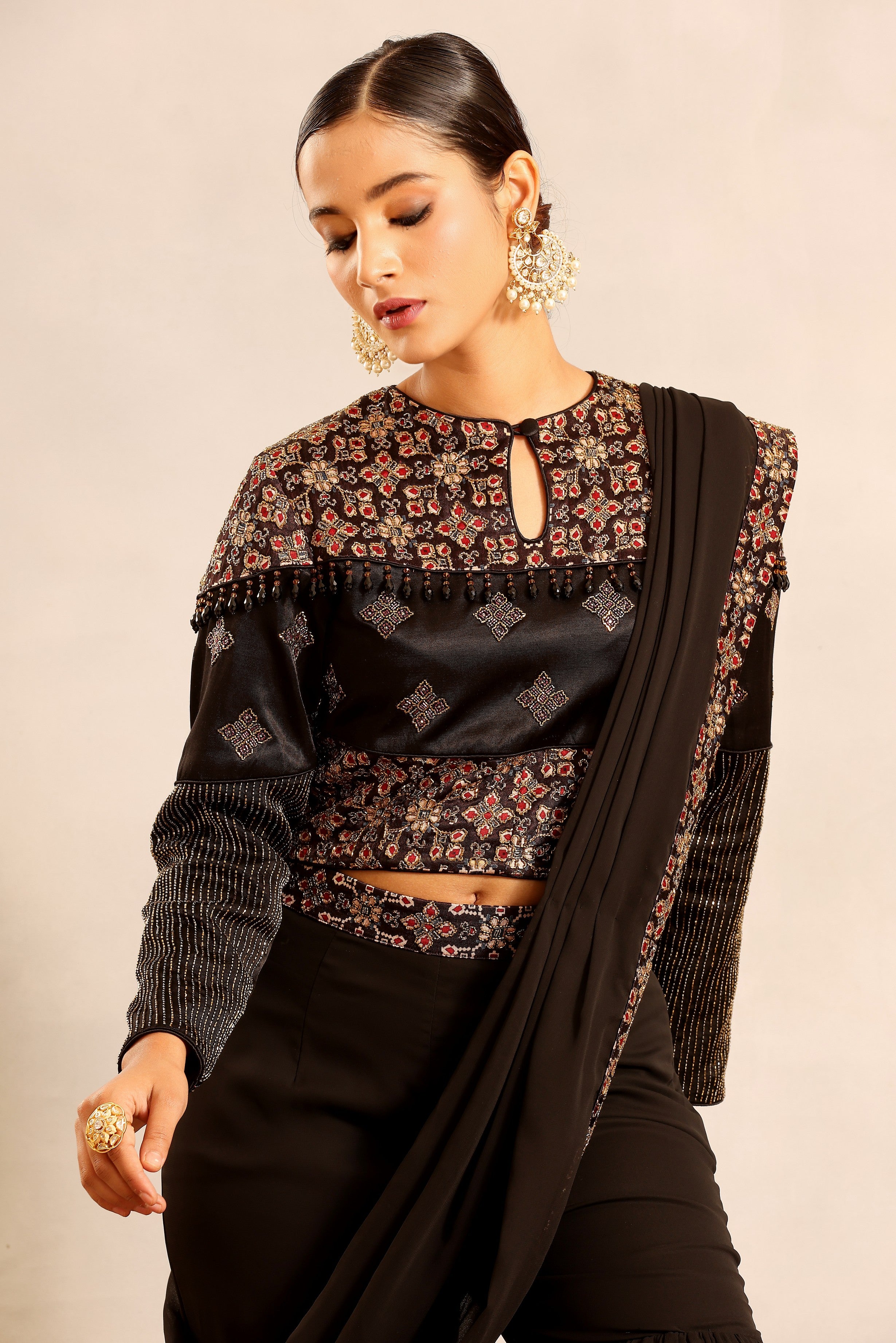 black ajrakh embellished ajrakh blouse with sharara and attched dupatta