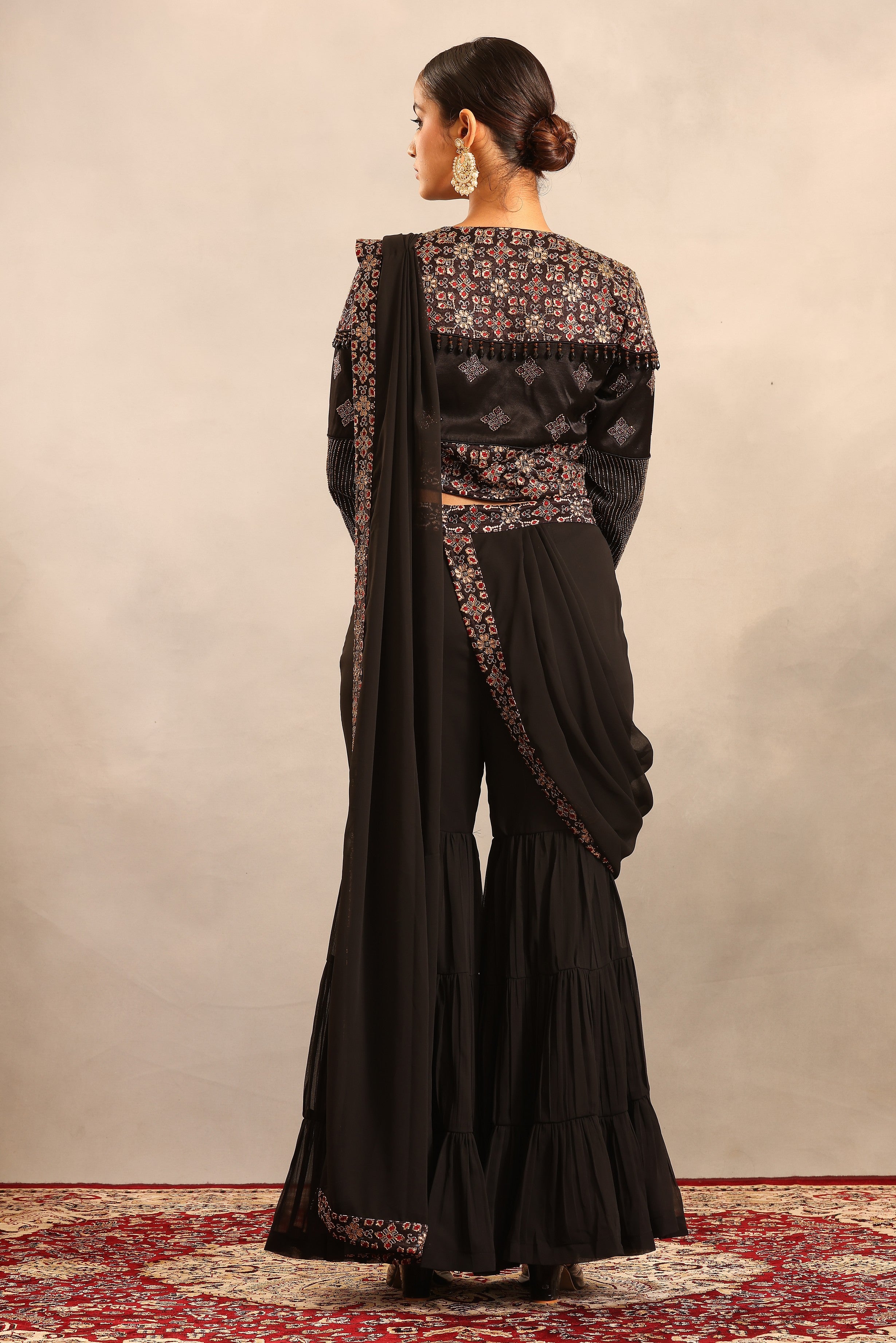black ajrakh embellished ajrakh blouse with sharara and attched dupatta
