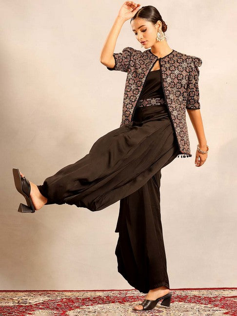 Black side cowl jumpsuit with Ajrakh embellished jacket and waistand