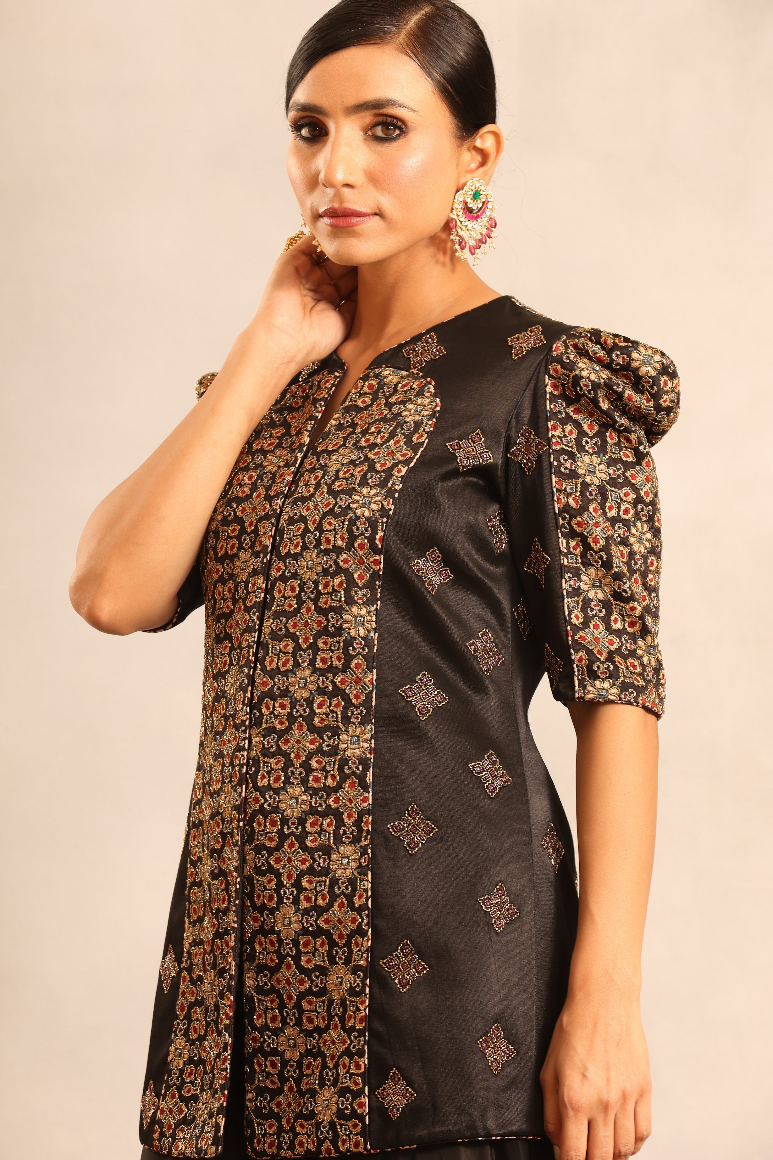 Black ajrakh embellished peplum jacket with flare pants