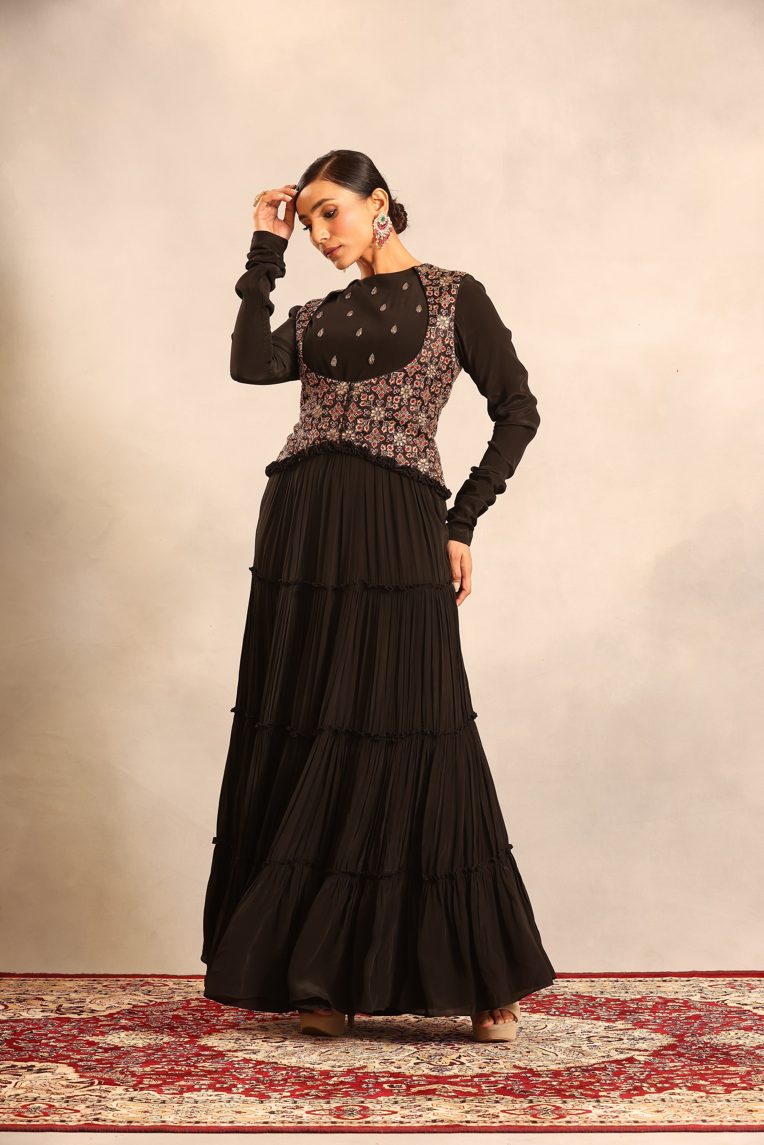 Black ajrakh embroidered full sleeve gathered dress