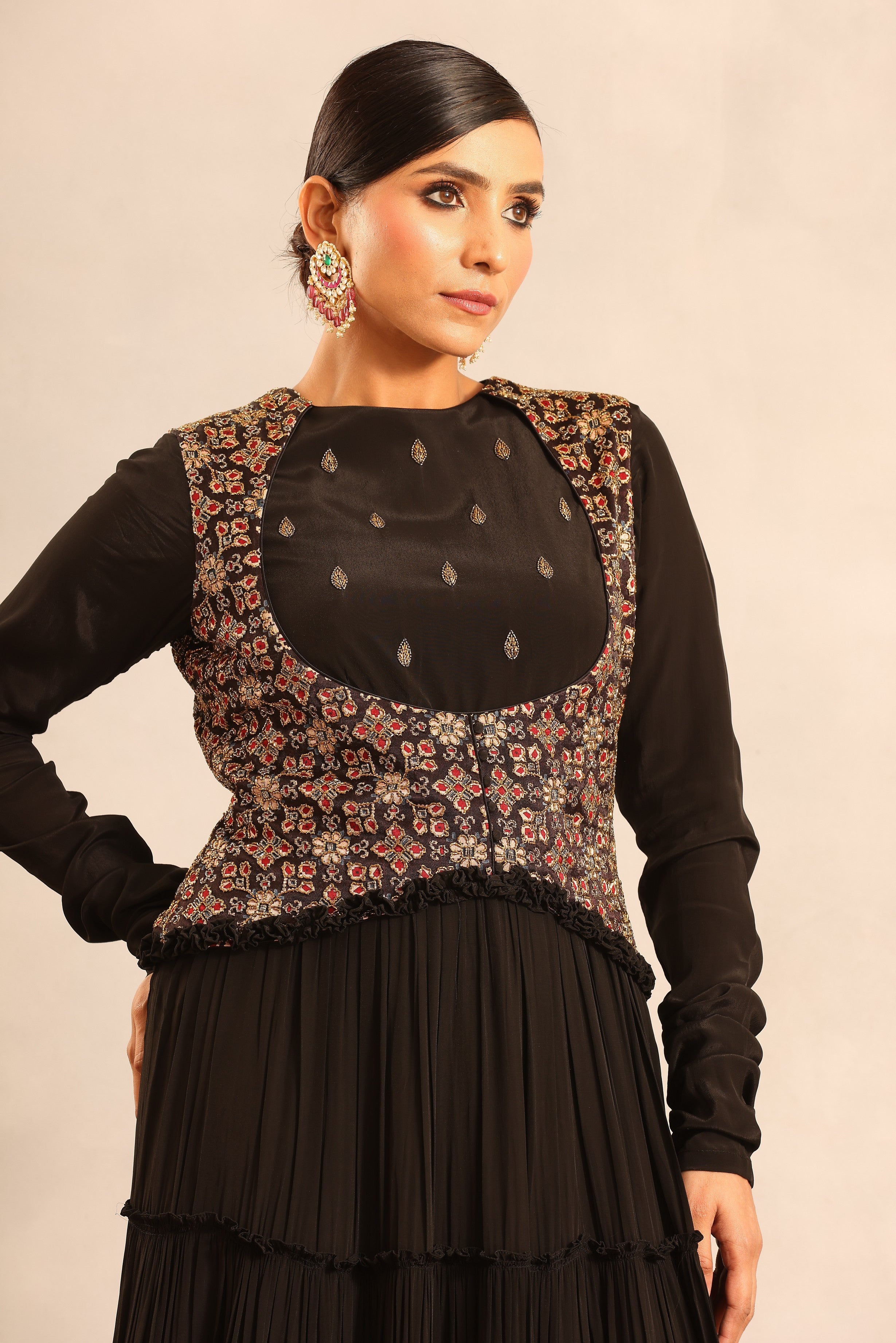Black ajrakh embroidered full sleeve gathered dress