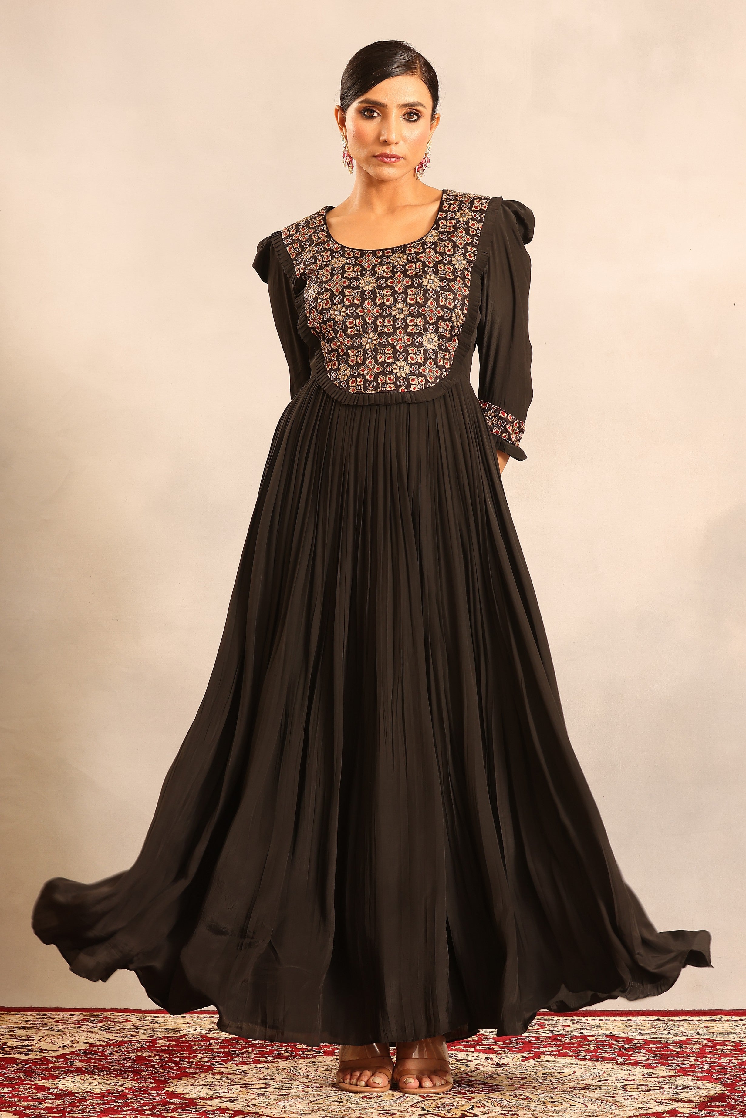 Black embellished ajrakh gathred dress