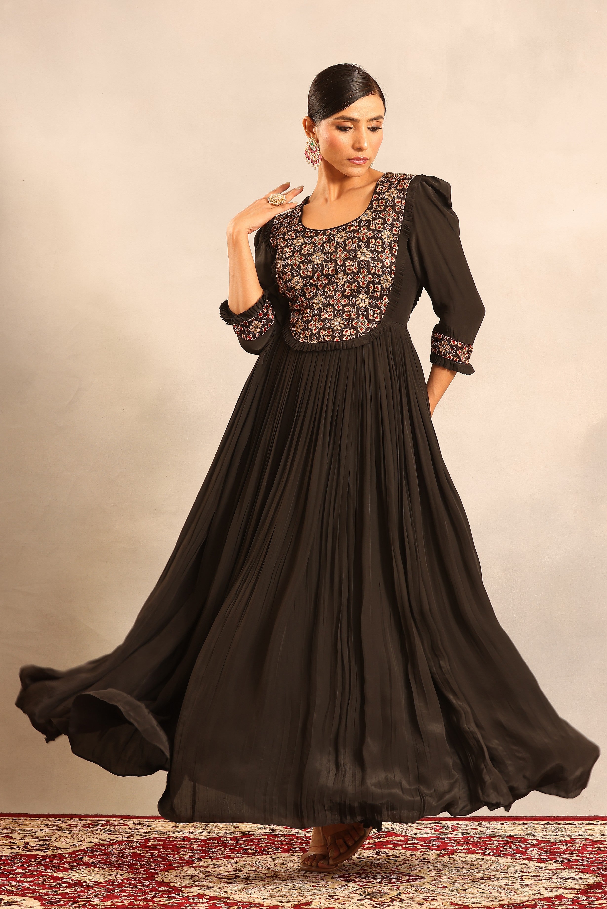 Black embellished ajrakh gathred dress