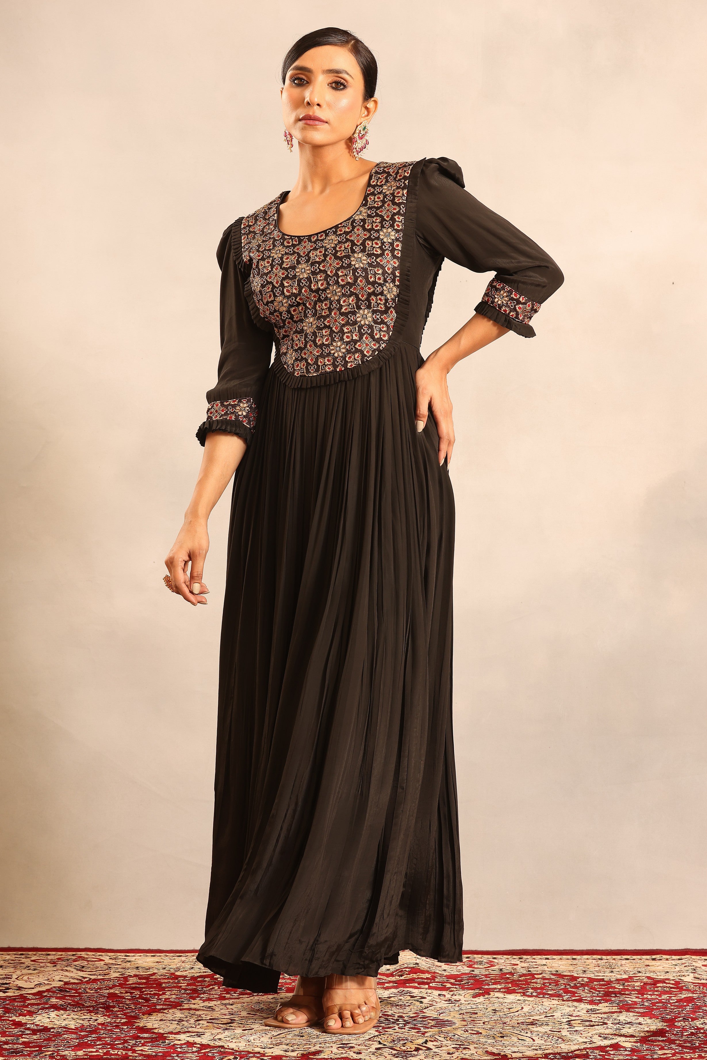 Black embellished ajrakh gathred dress