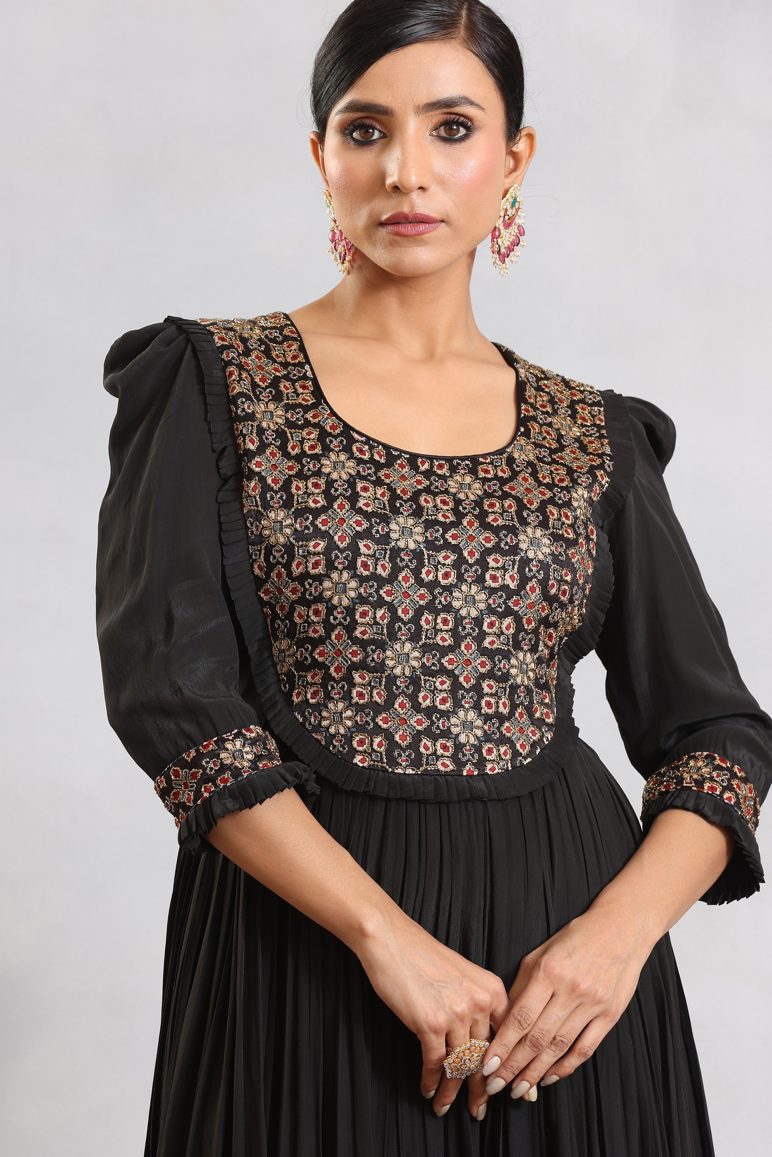 Black embellished ajrakh gathred dress