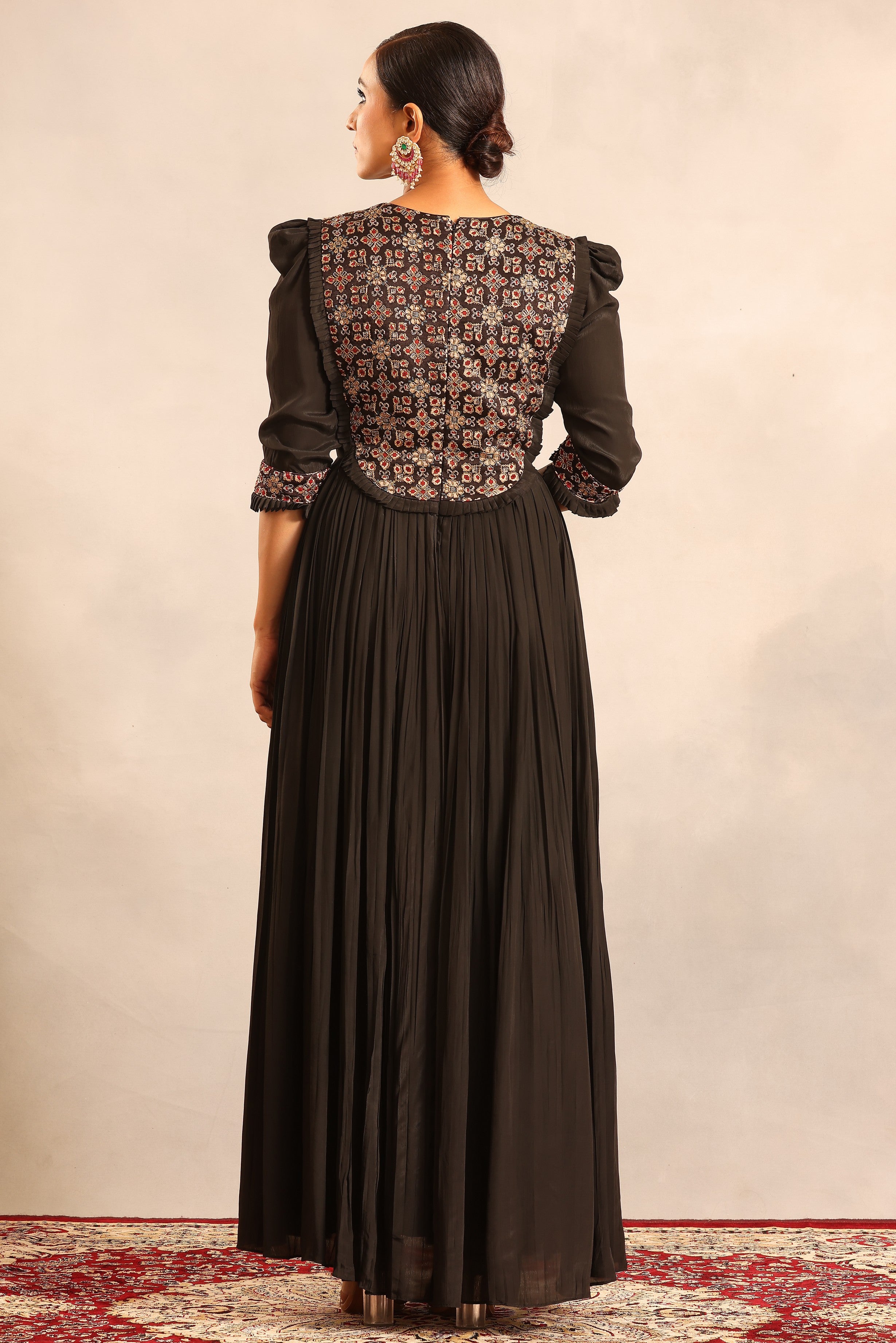 Black embellished ajrakh gathred dress