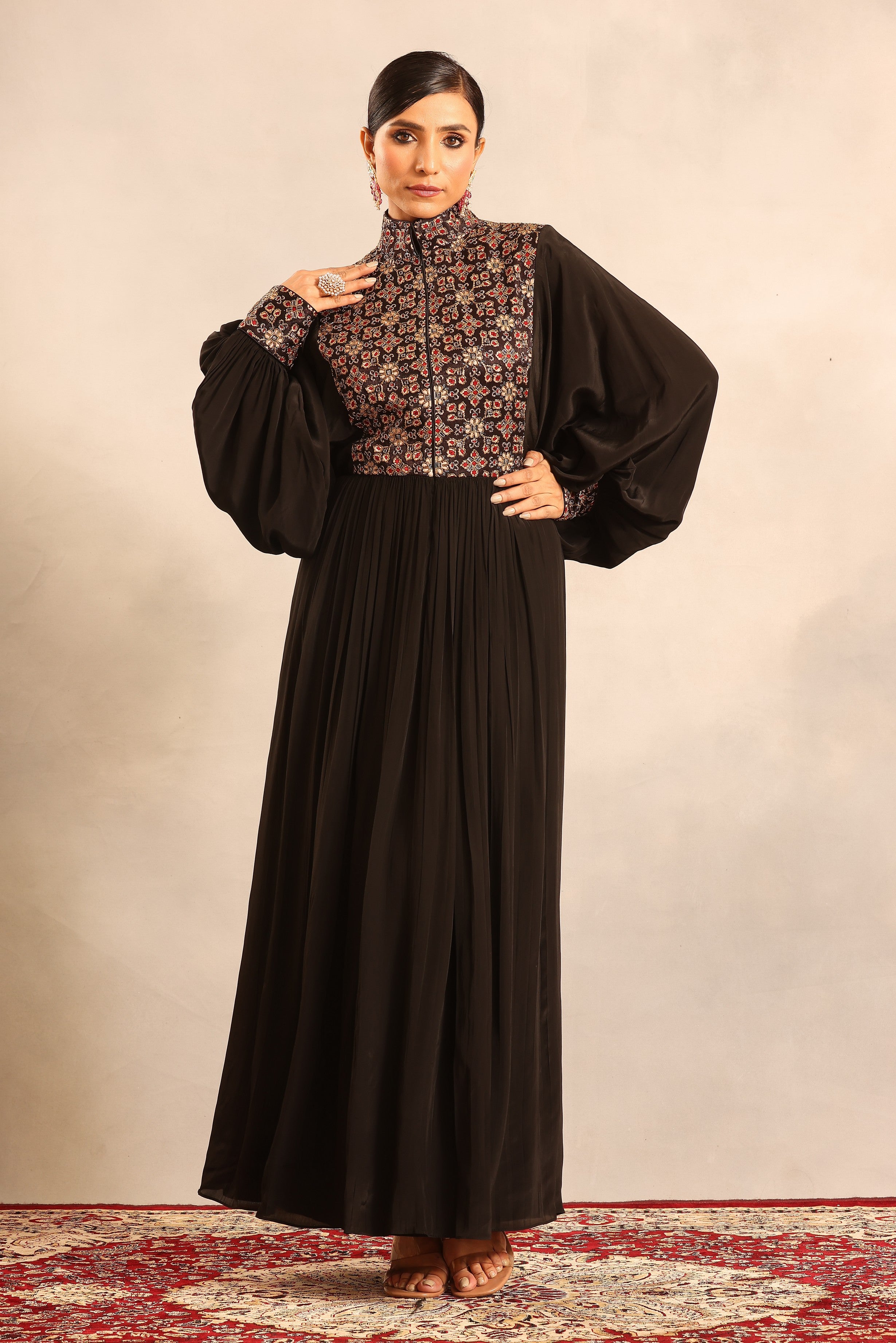 Black ajrakh embellished yoke butterfly sleeve gathred dress