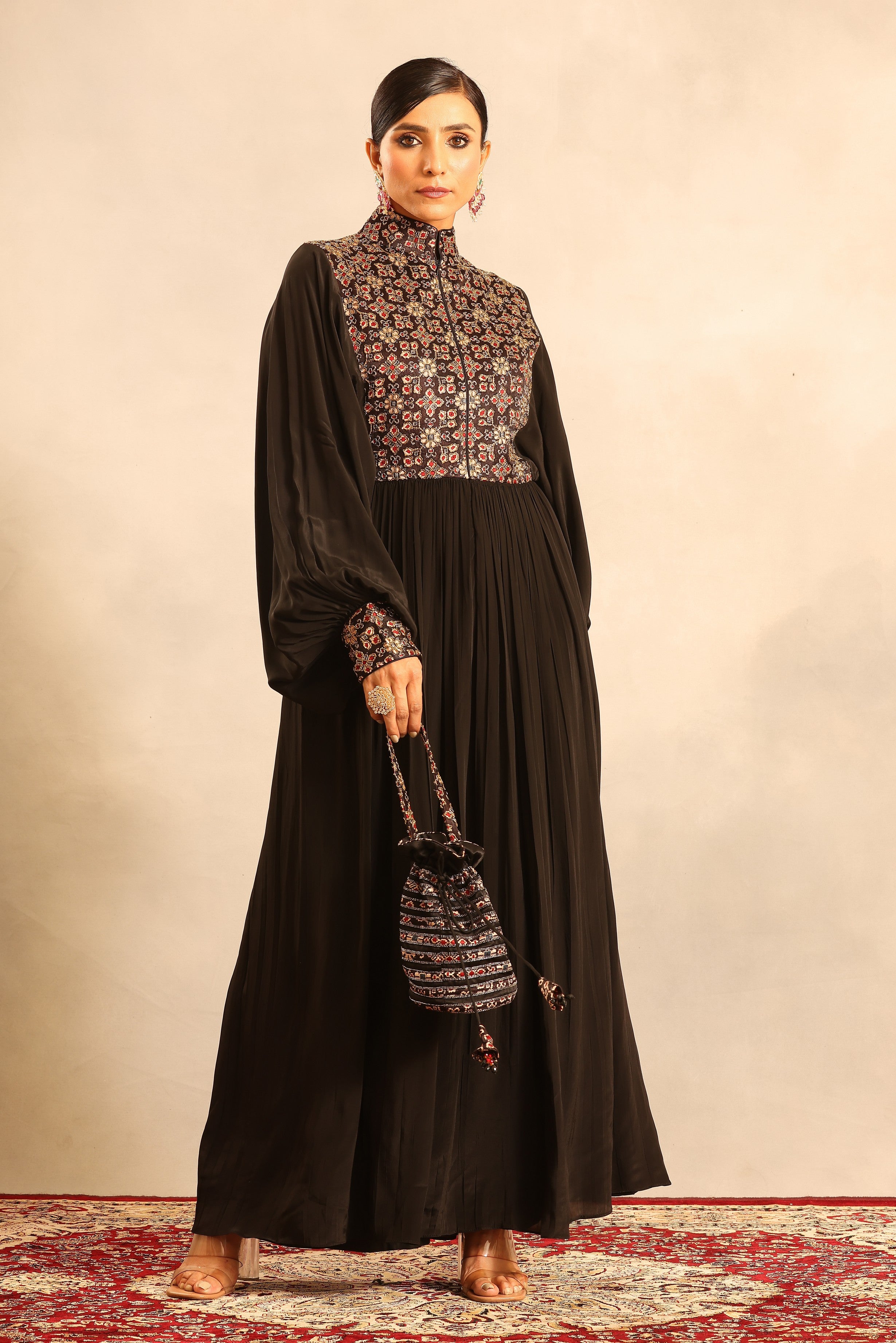 Black ajrakh embellished yoke butterfly sleeve gathred dress