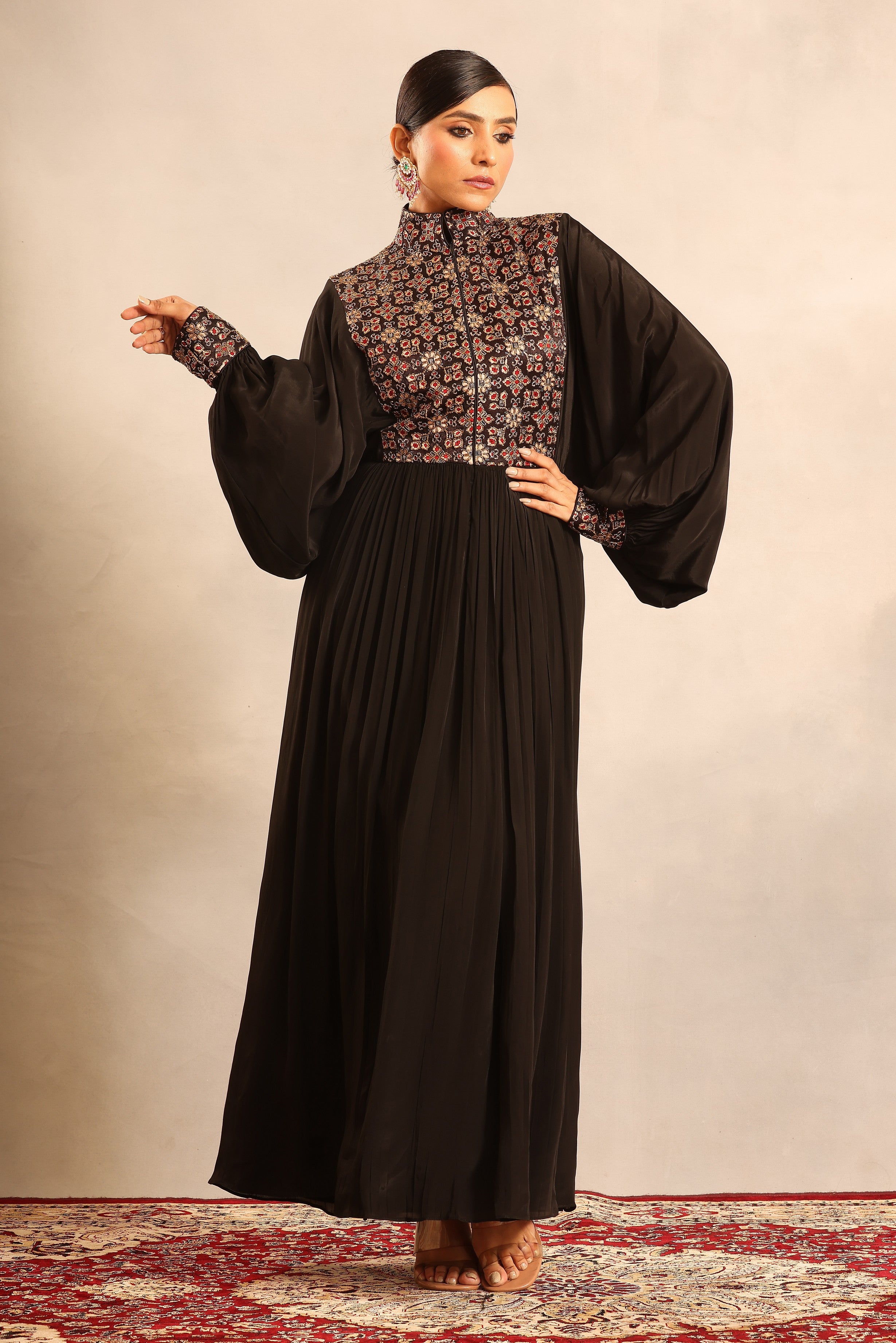 Black ajrakh embellished yoke butterfly sleeve gathred dress