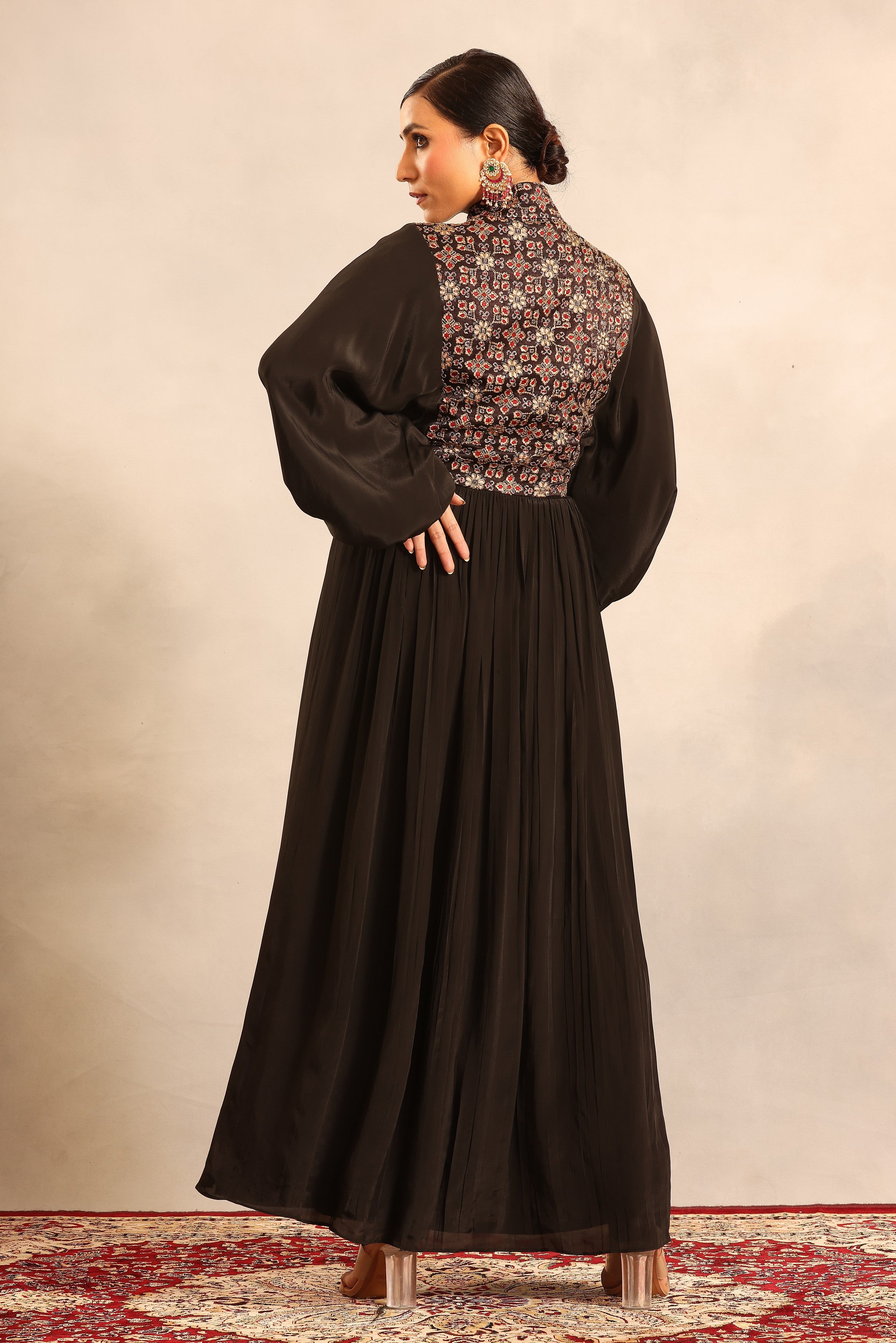 Black ajrakh embellished yoke butterfly sleeve gathred dress