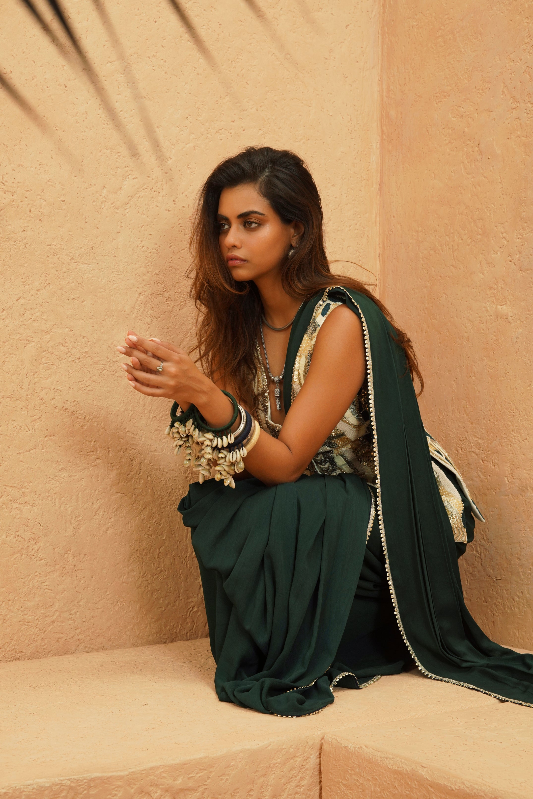 ZAYNAB EMBELLISHED WAISTCOAST WITH EMRALD DRAPE SAREE