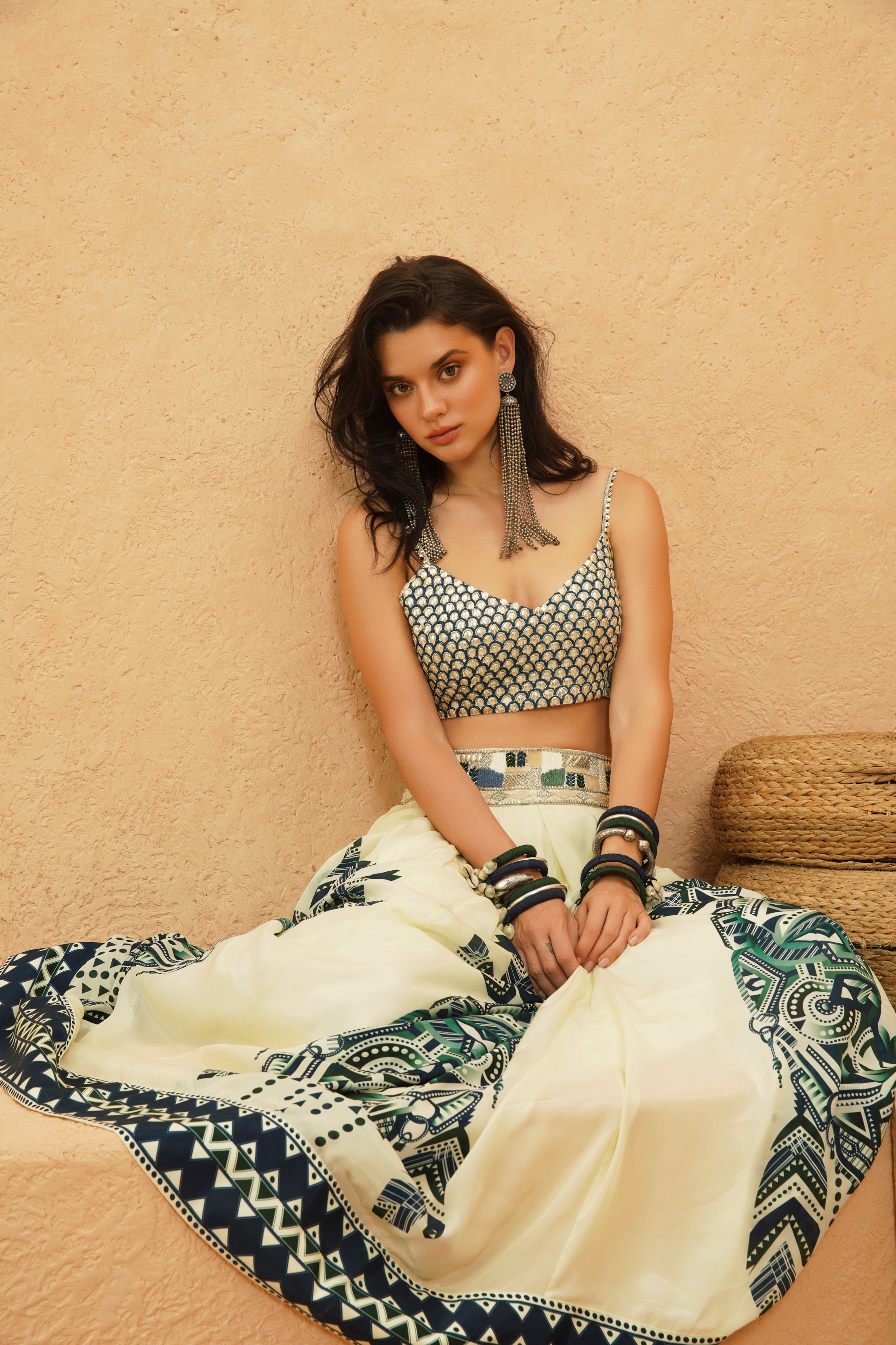 AFREEN MASK PLEATED SKIRT WITH METALLIC BUSTIER