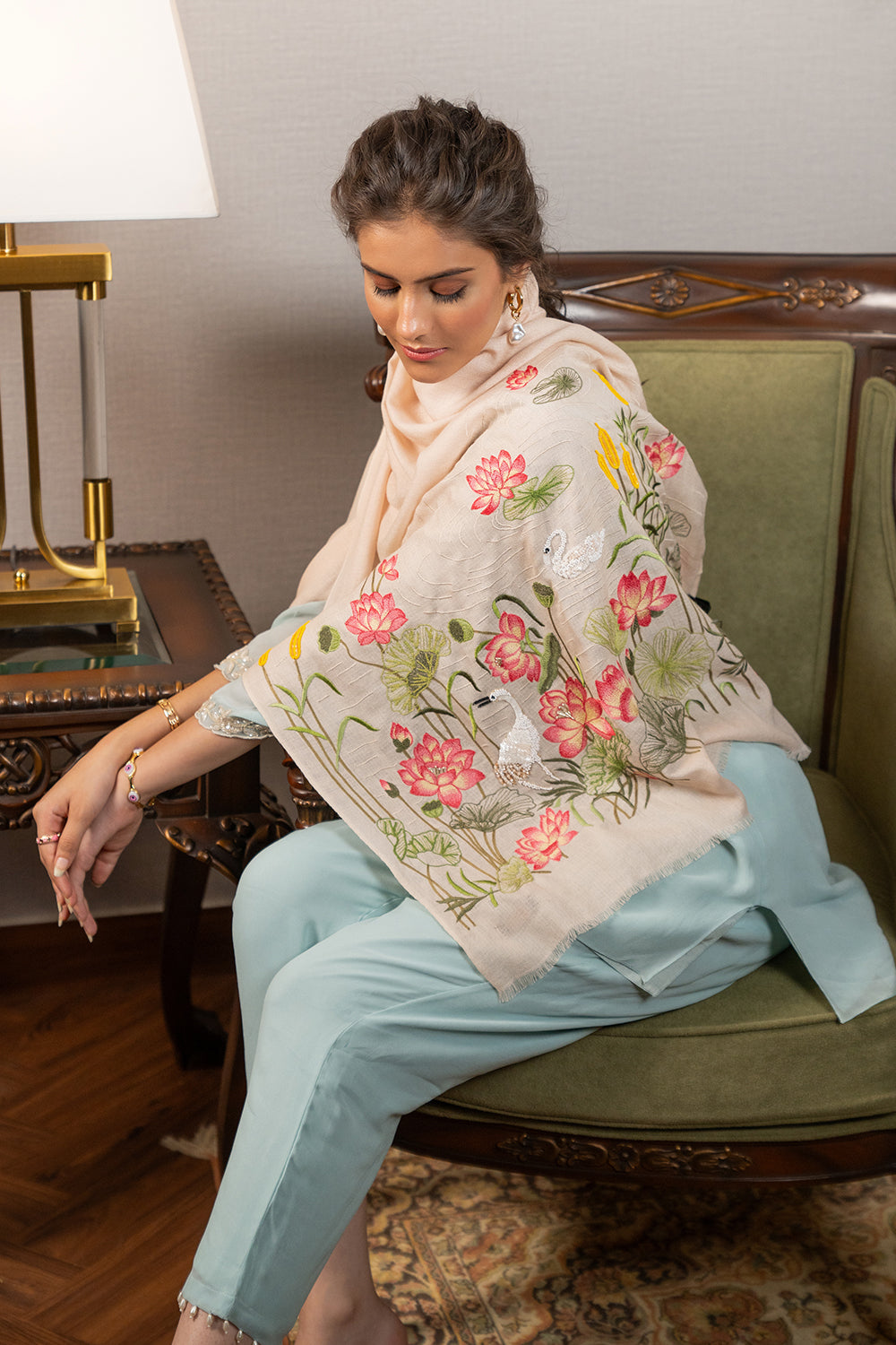 Sacred Lotus & the Swan | Embroidered Fine Wool Silk Stole