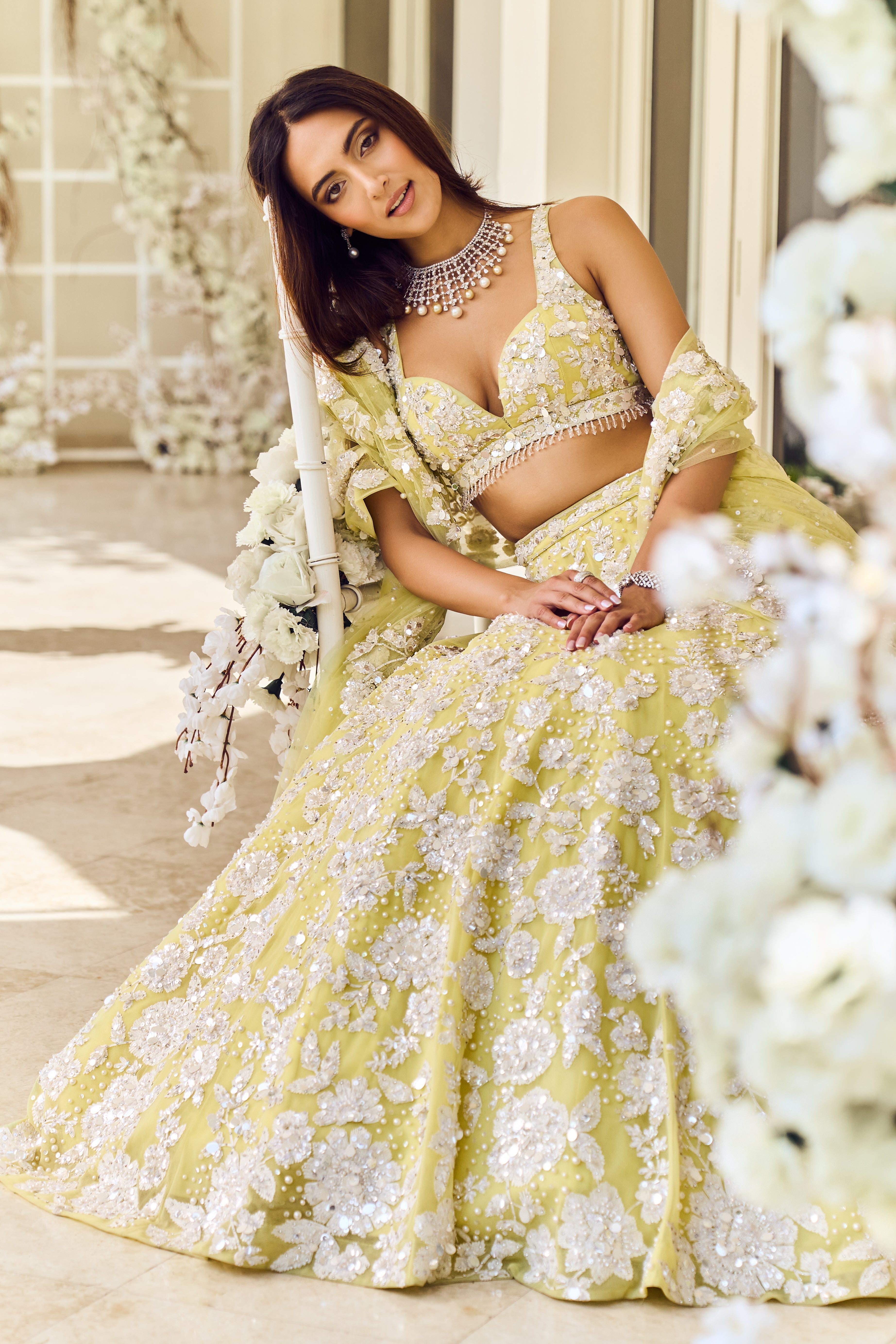 Lime Yellow Floral Lehenga Set