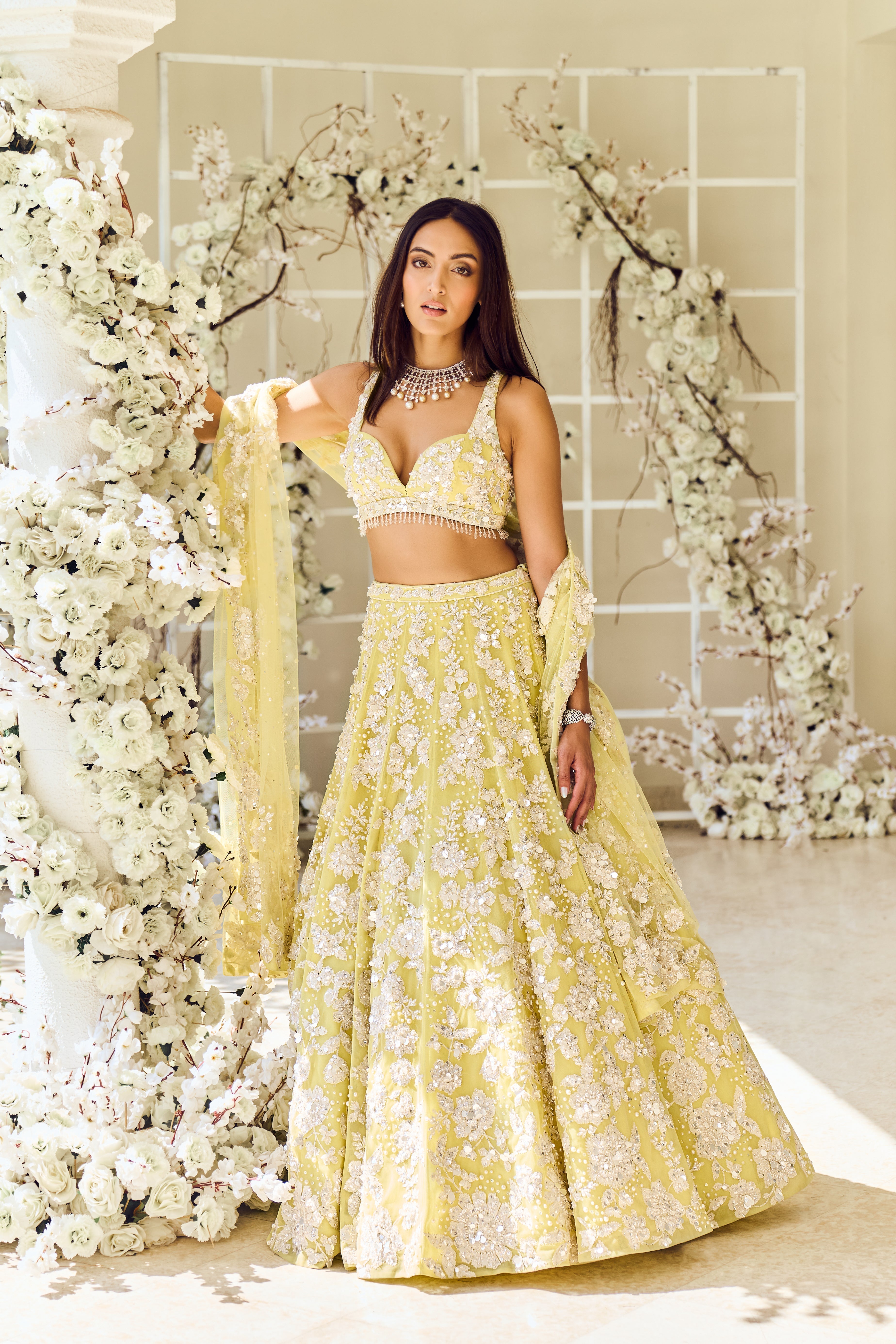Lime Yellow Floral Lehenga Set