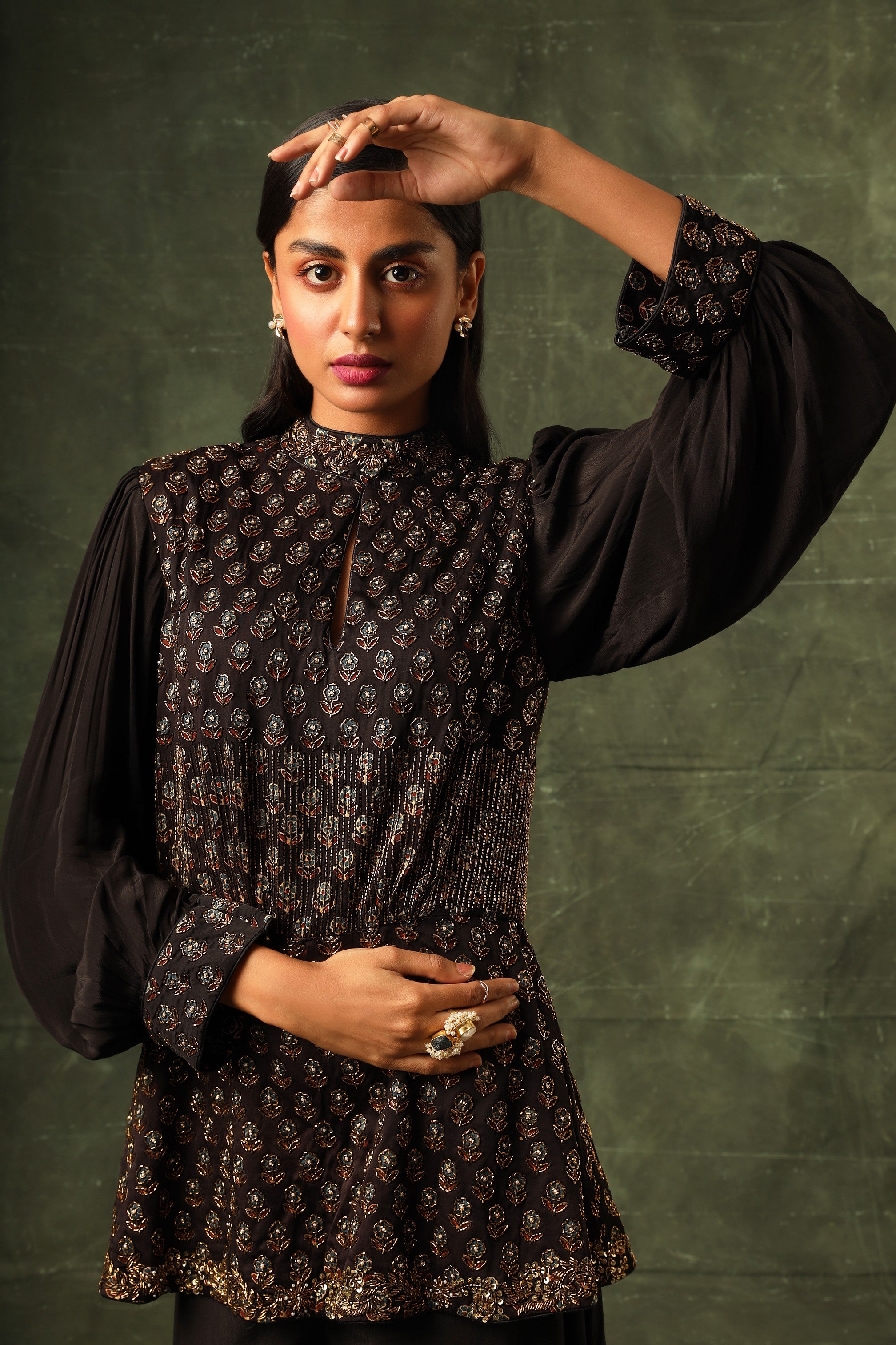 Black Ajrakh peplum top with flare pants