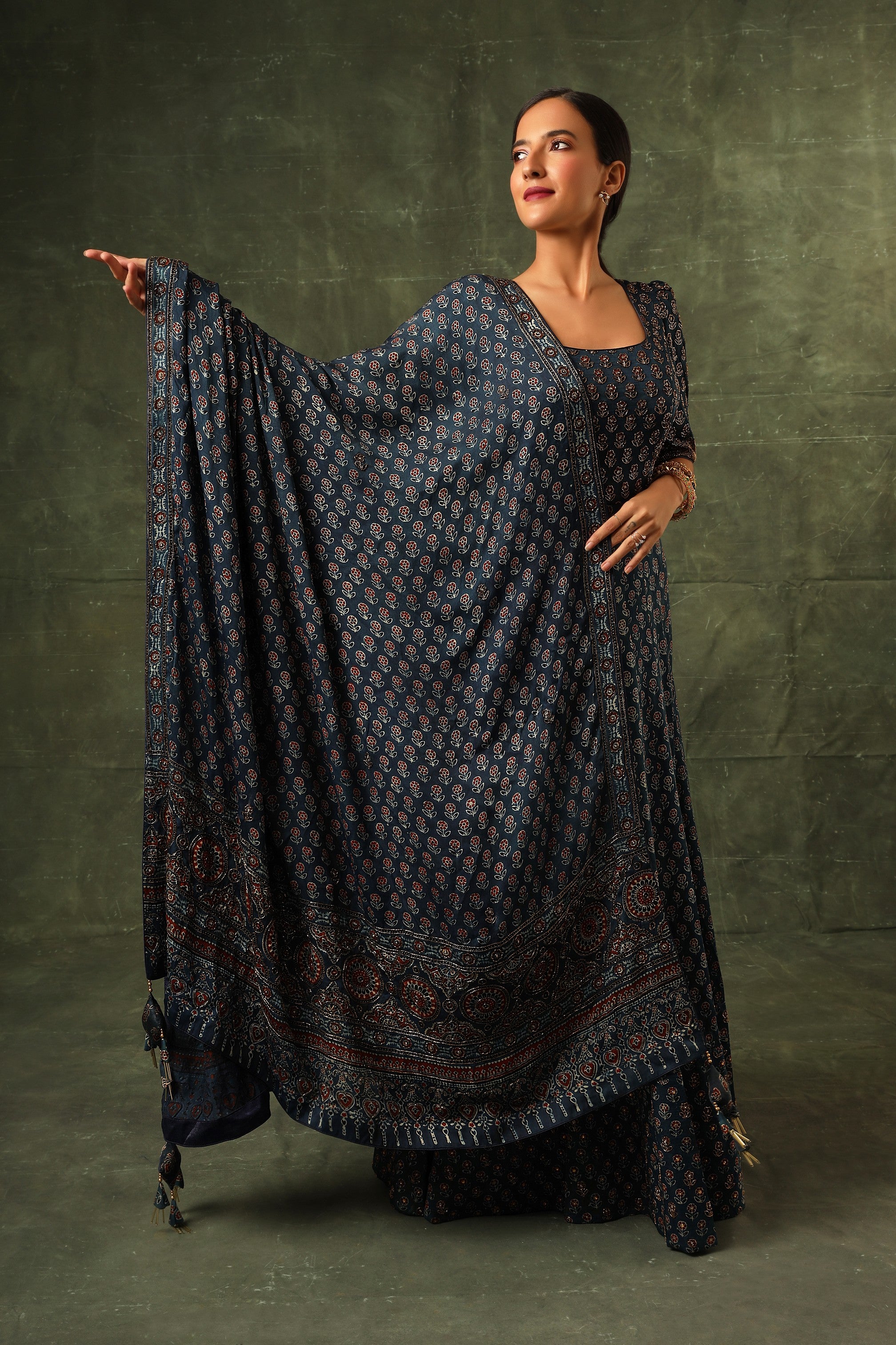 Blue Ajrakh anarkali with dupatta