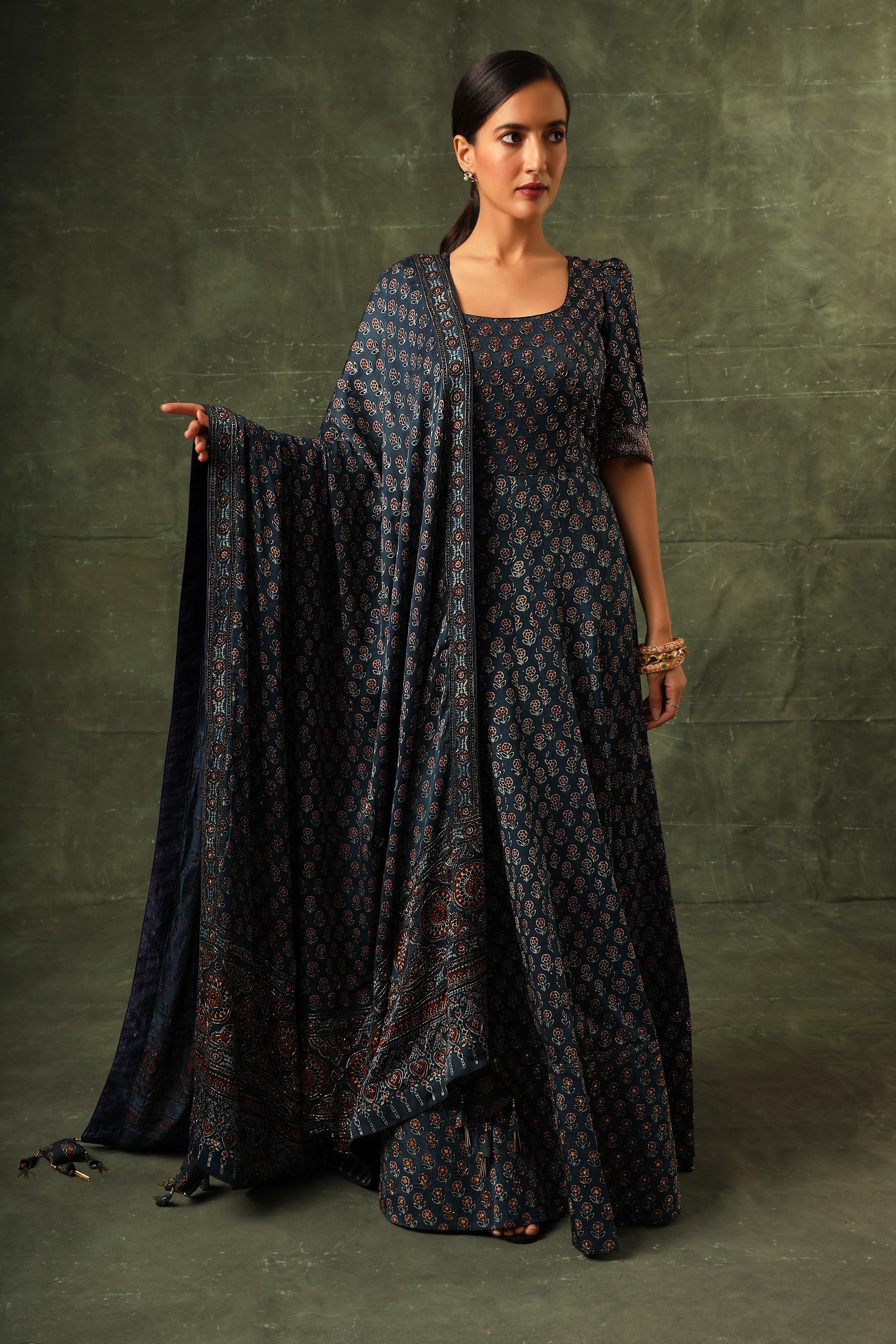 Blue Ajrakh anarkali with dupatta