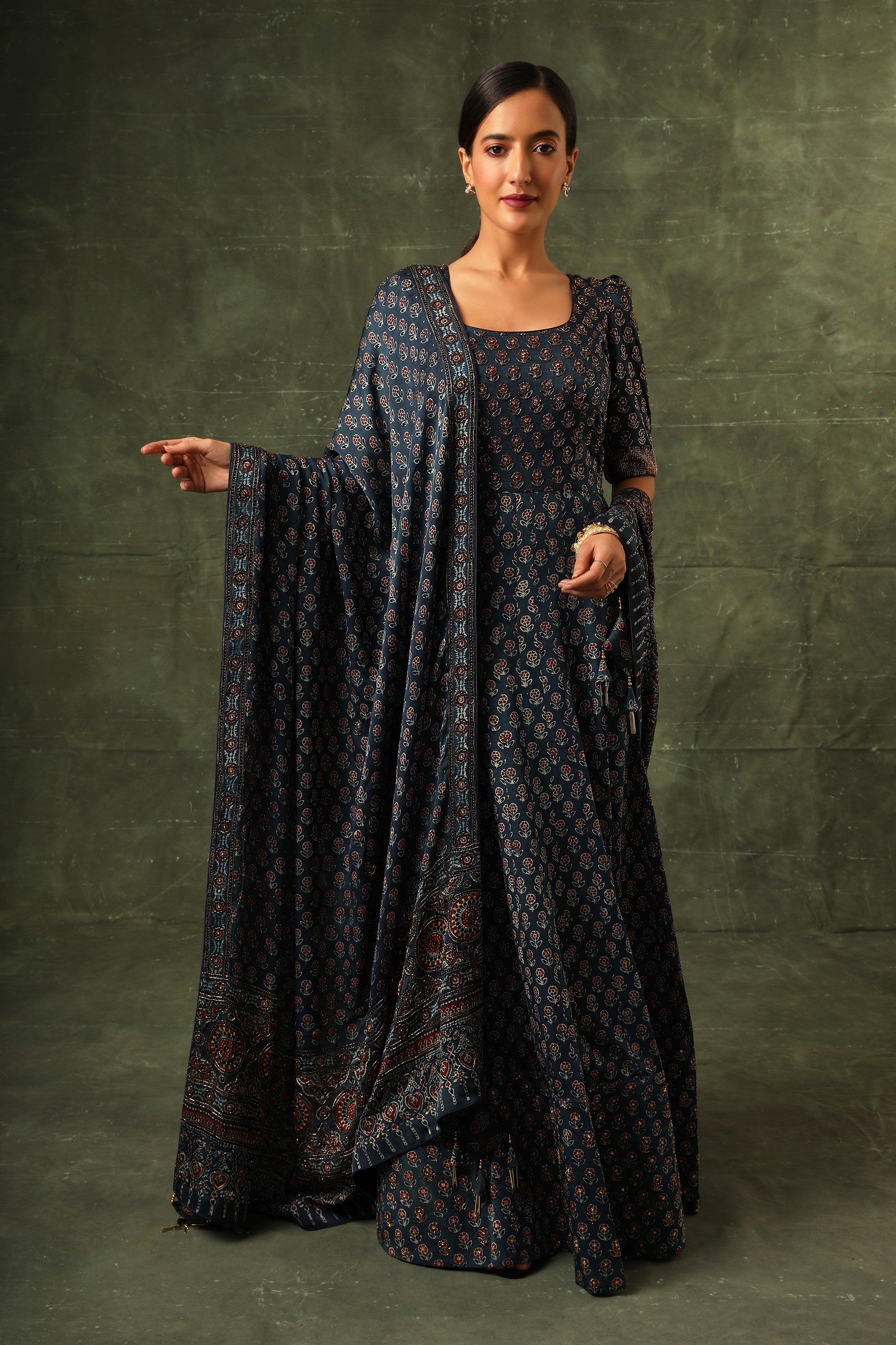 Blue Ajrakh anarkali with dupatta