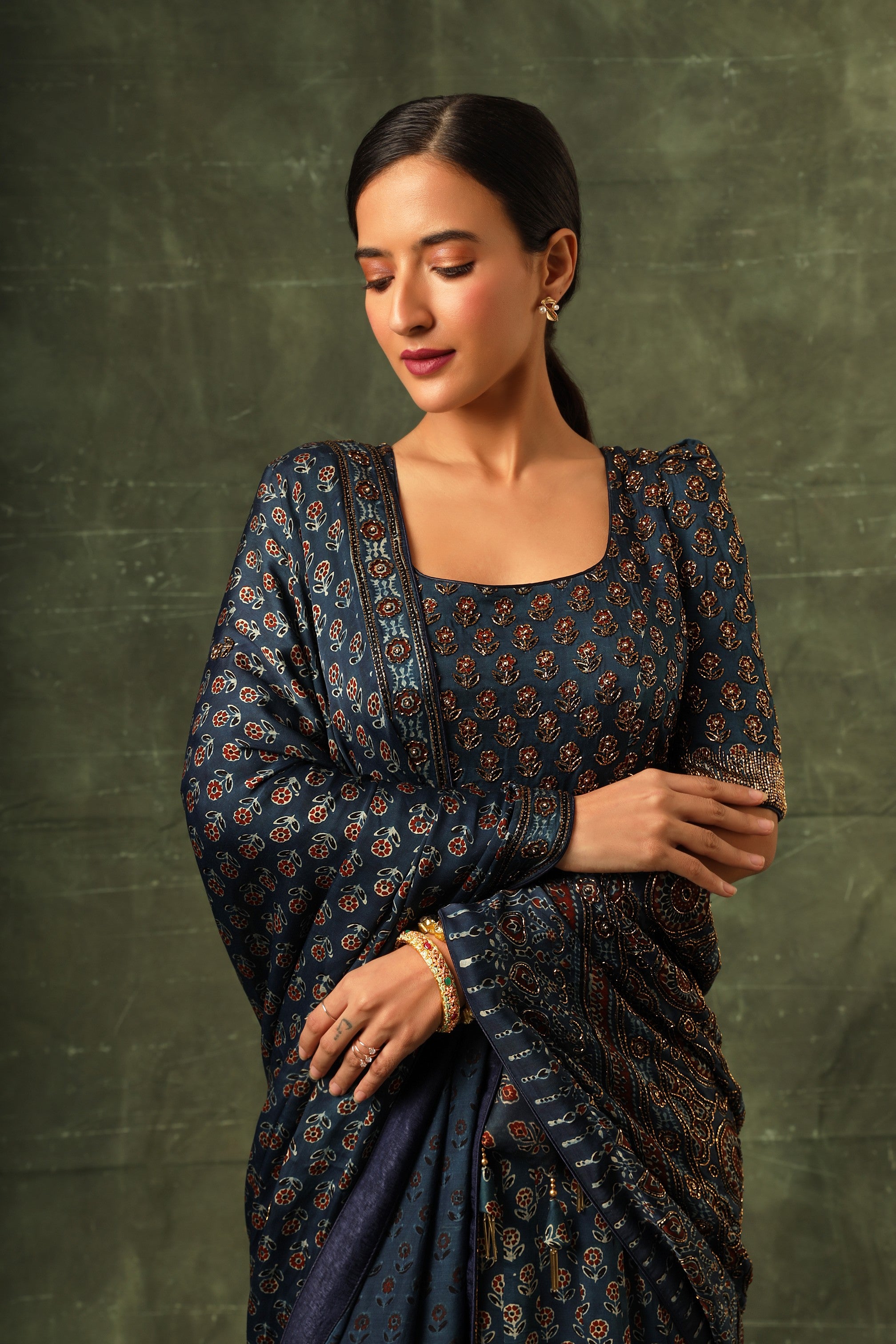 Blue Ajrakh anarkali with dupatta