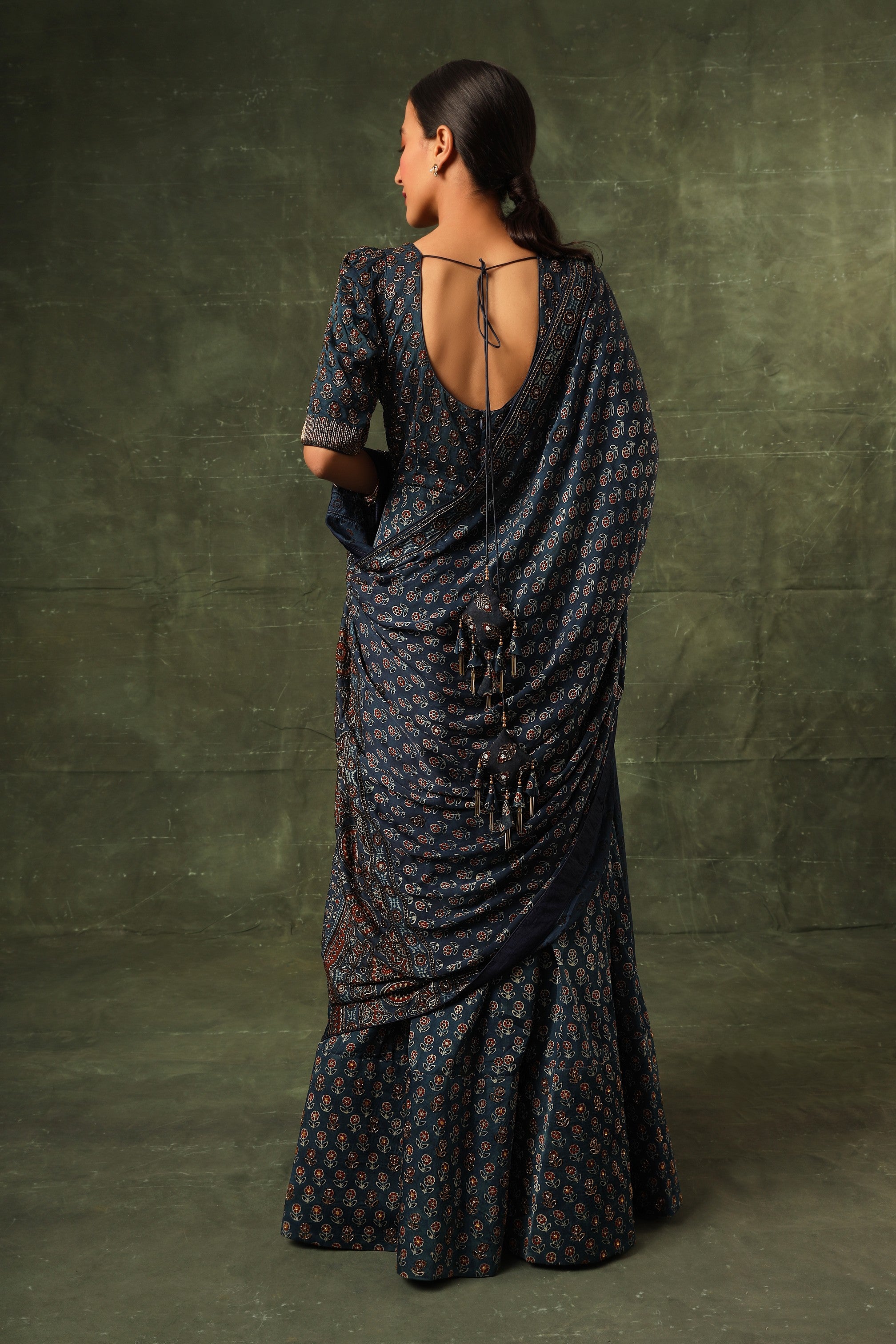 Blue Ajrakh anarkali with dupatta